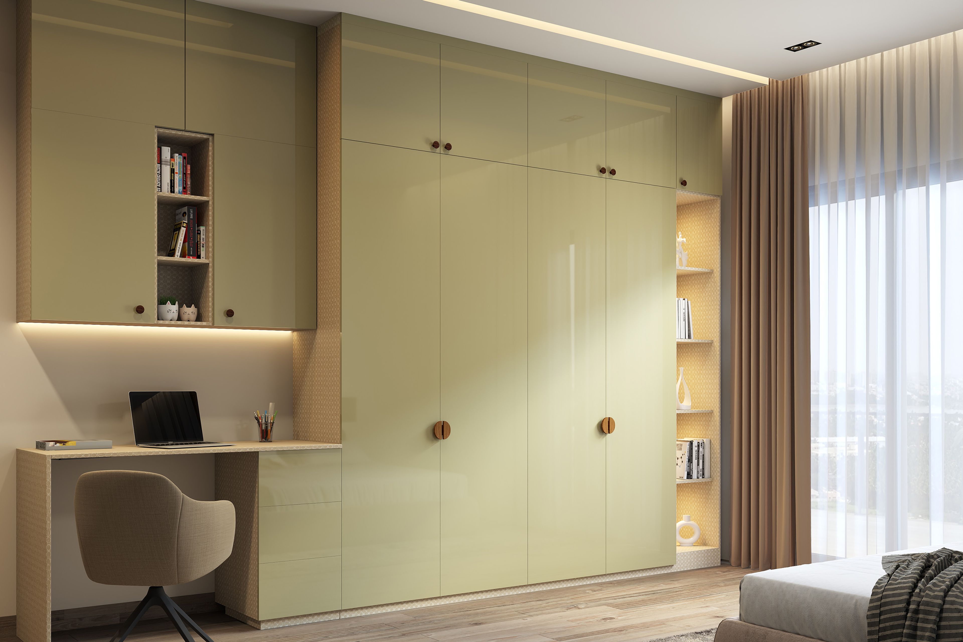 4-Door Modern Swing Wardrobe Design Combining Storage, Study, and Open Shelves