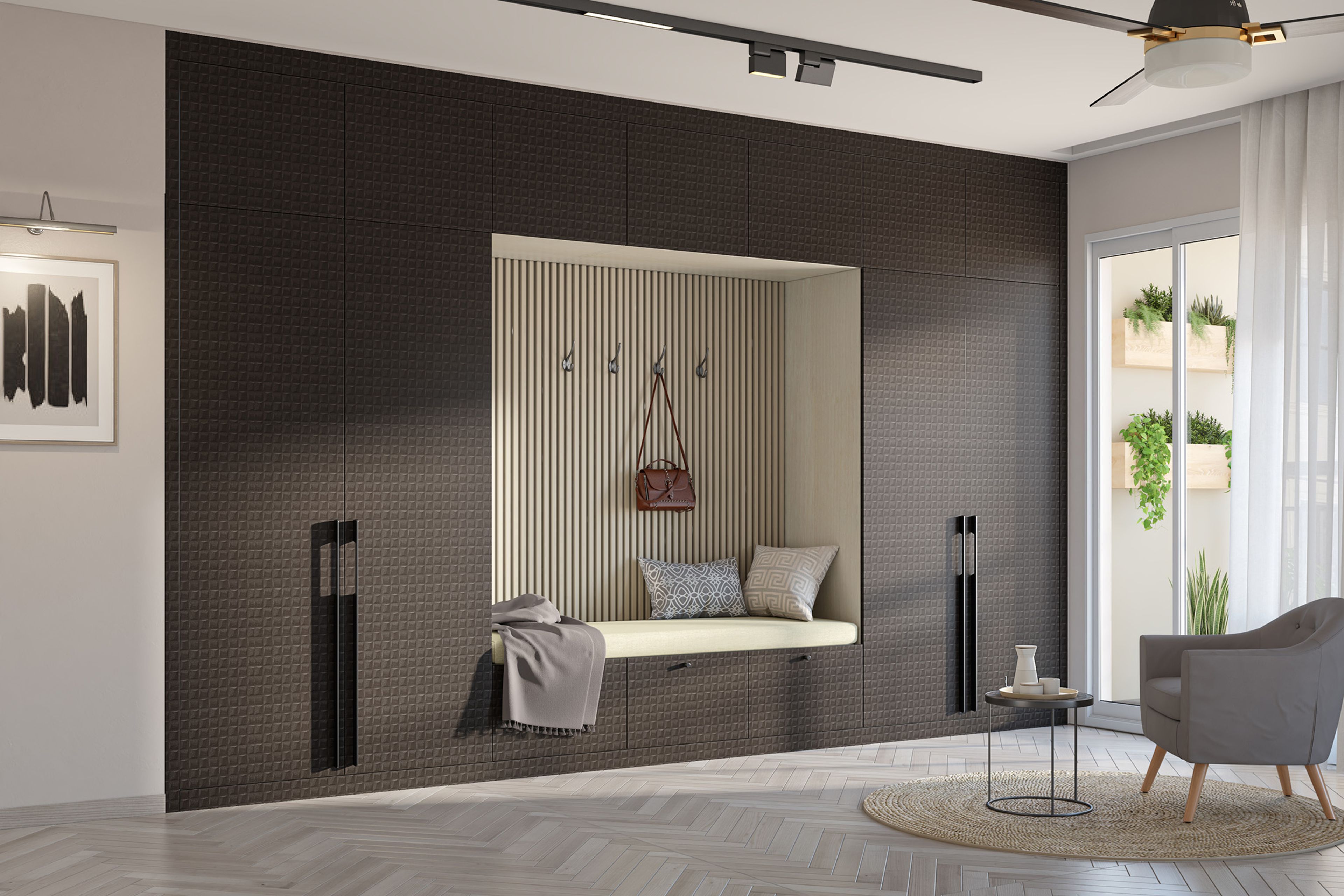 Contemporary 4-Door Dark Brown Swing Wardrobe Design with Seating Nook Storage