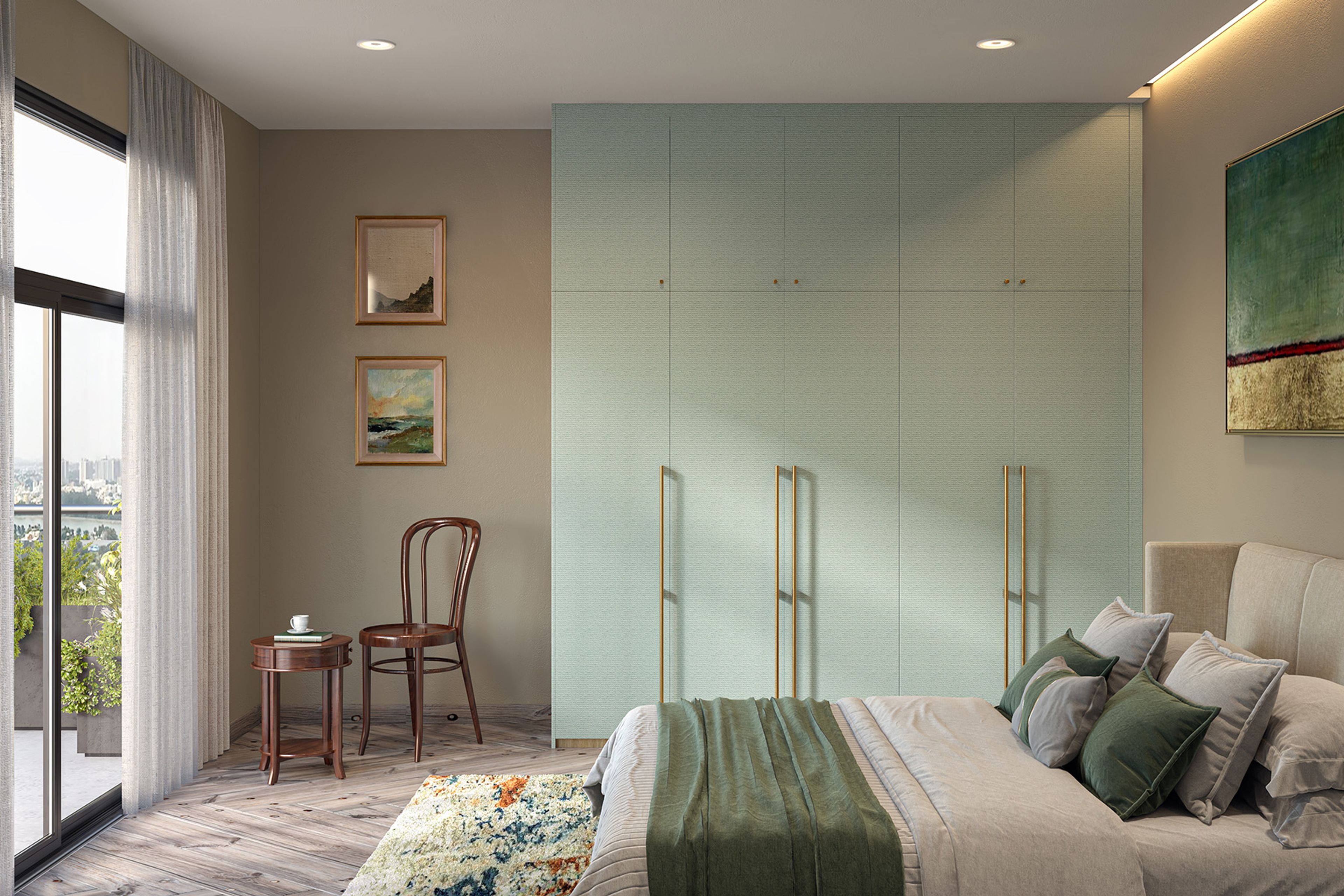 Modern 5-Door Swing Wardrobe Design in Mint Green with Vertical Storage