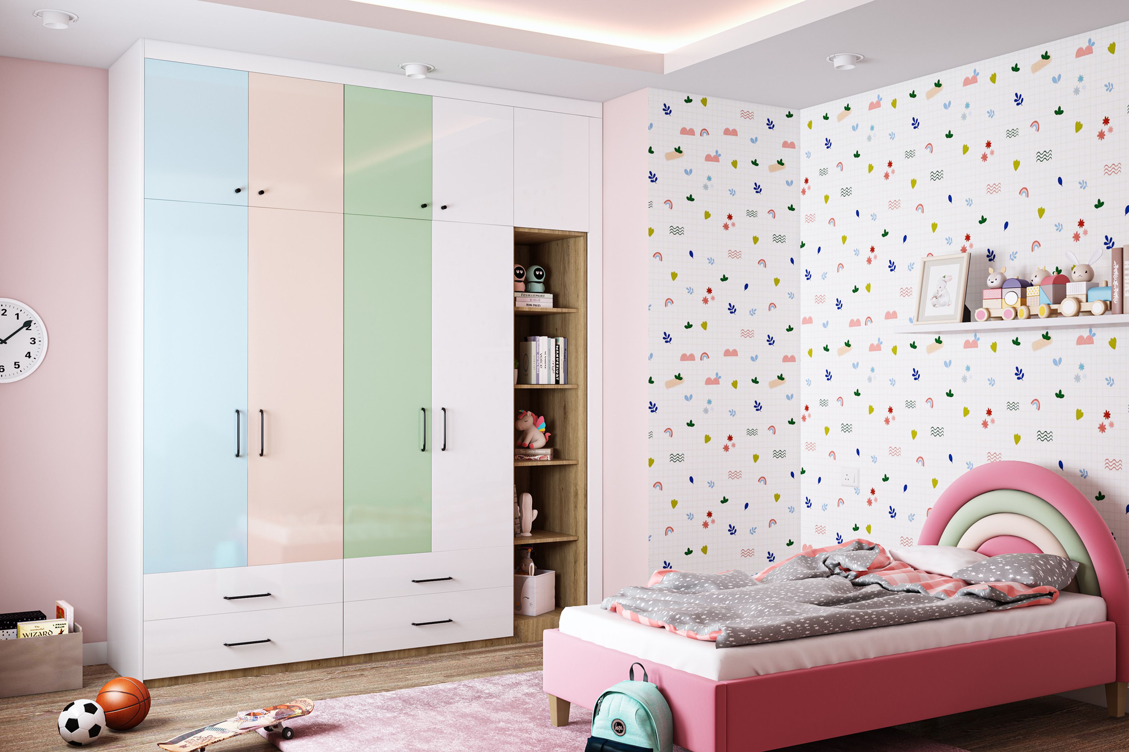 Contemporary 4-Door Pastel Acrylic Swing Wardrobe Design with Storage and Open Shelving