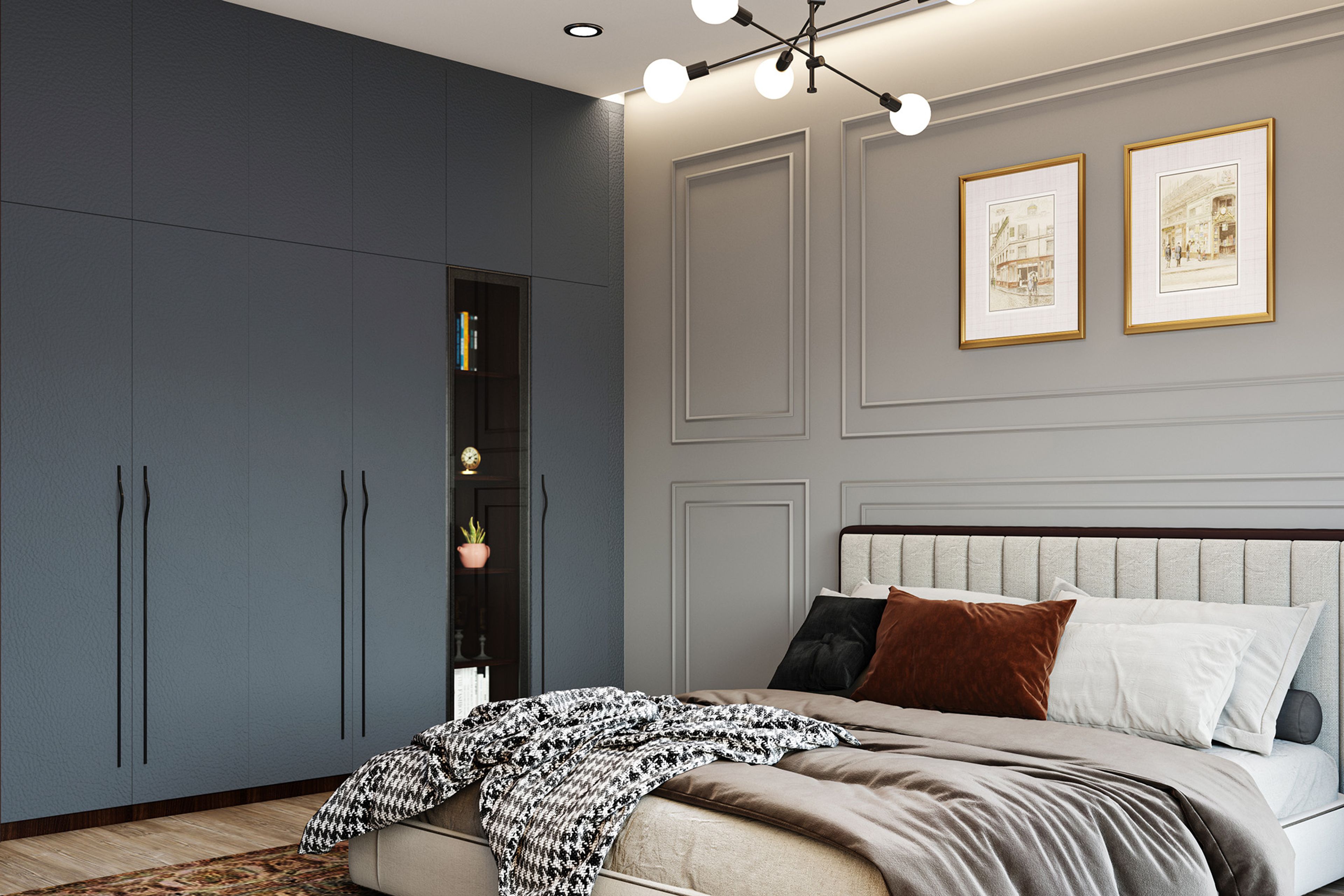 Navy Blue Contemporary 6-Door Swing Wardrobe Design with Glass and Matte Finish