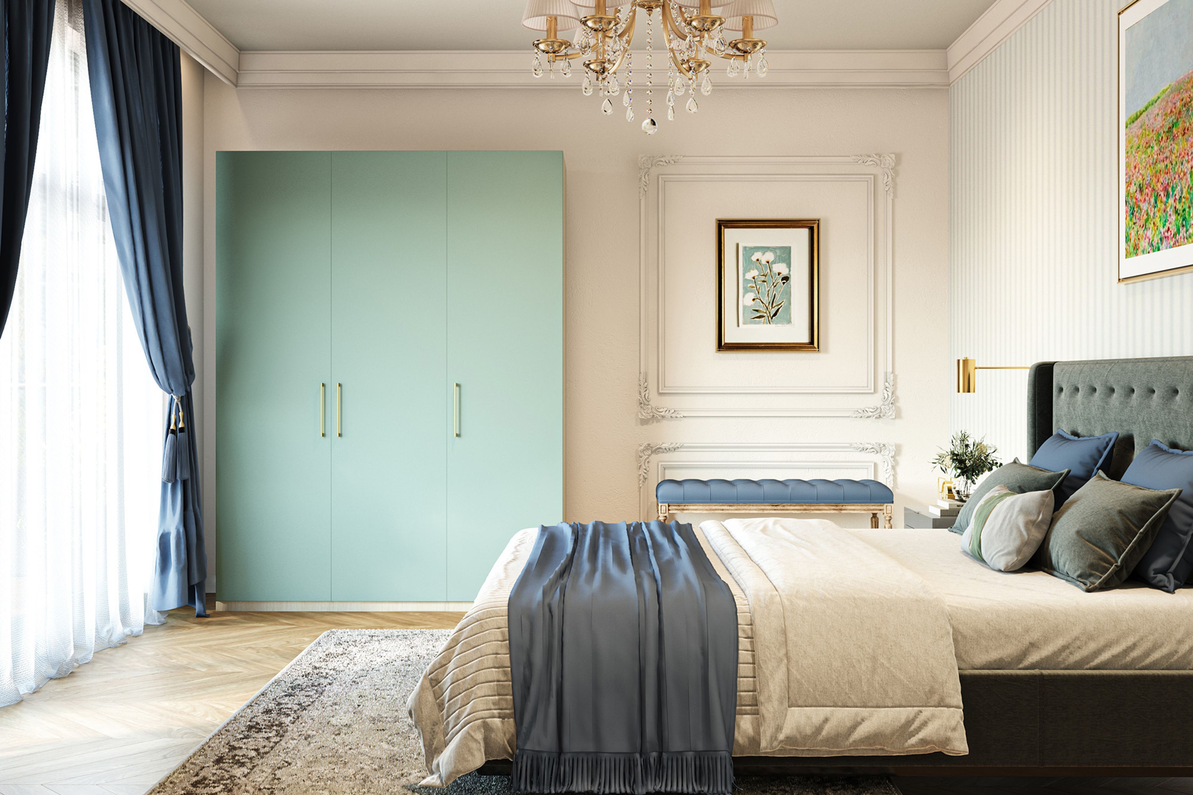 Classic 3-Door Swing Wardrobe Design in Mint Green with Textured Finish