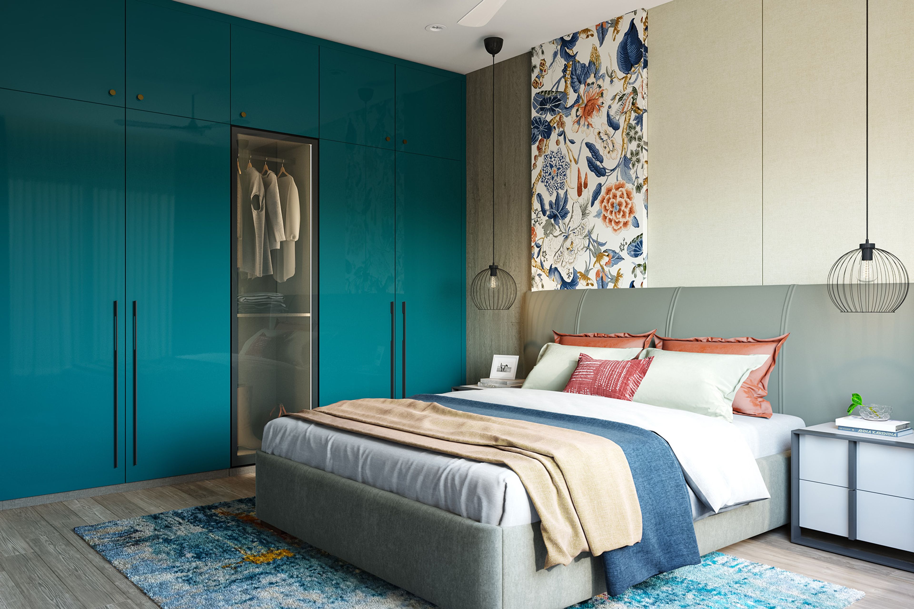 Glossy Teal Blue Modern Swing Wardrobe Design with Glass Shutter Display