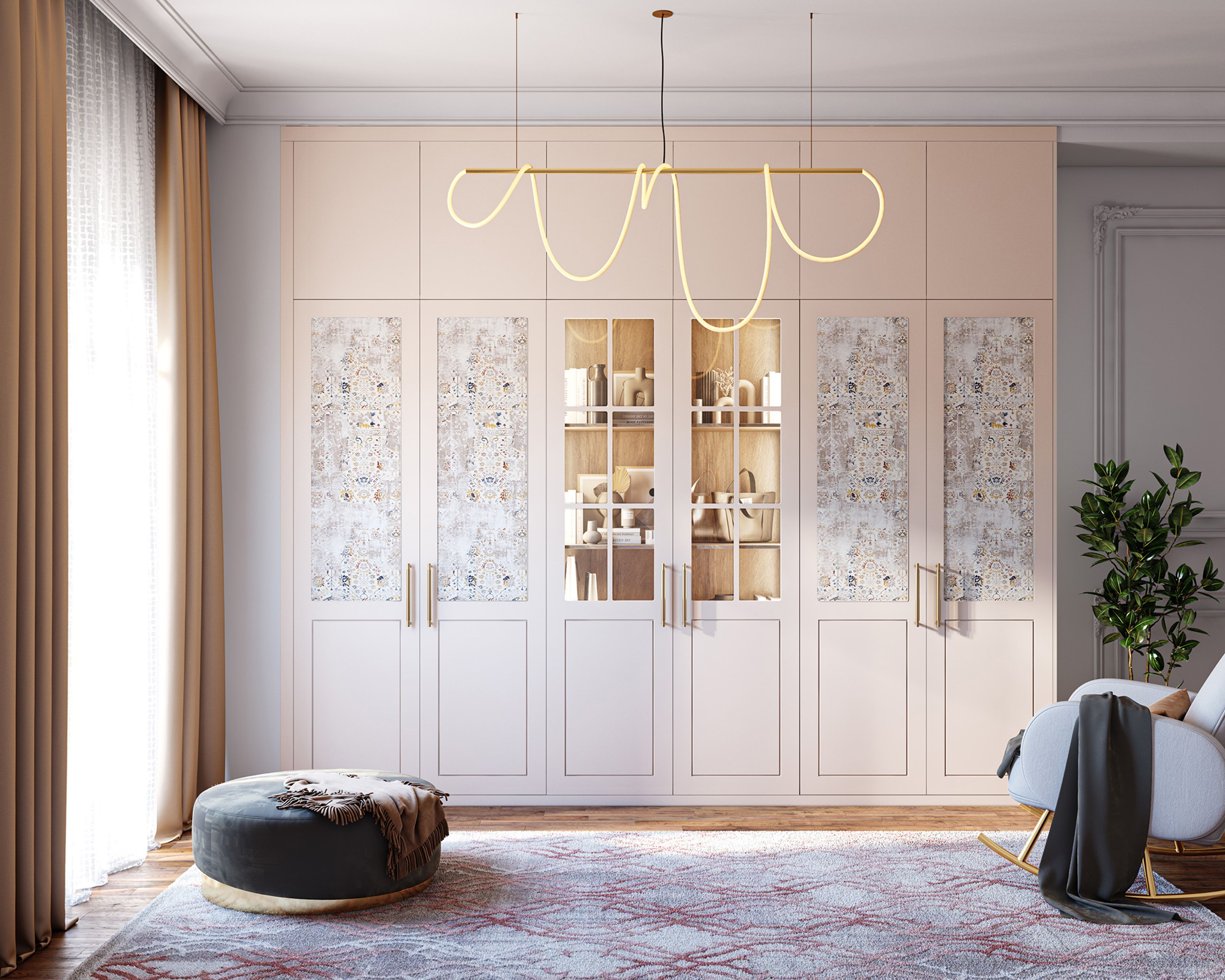 6-Door Printed Panel Swing Wardrobe Design With Blush Pink Finish