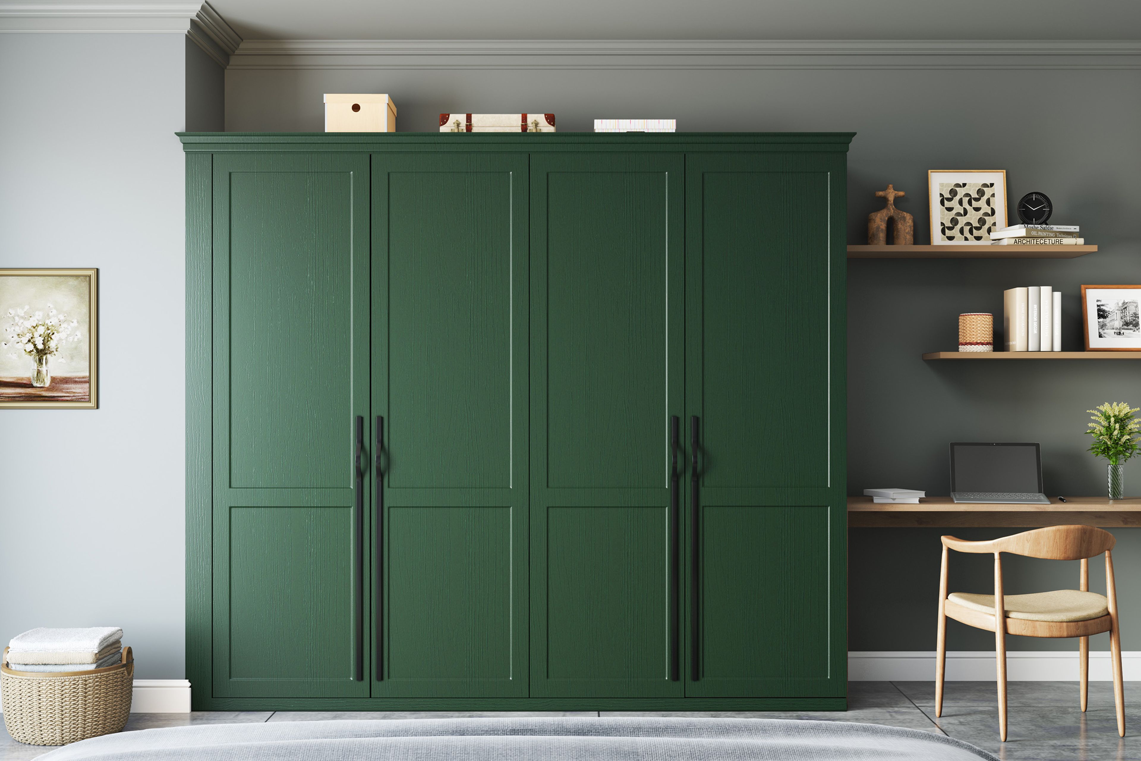 Shaker Style 4-Door Forest Green Swing Wardrobe Design With Matte Finish