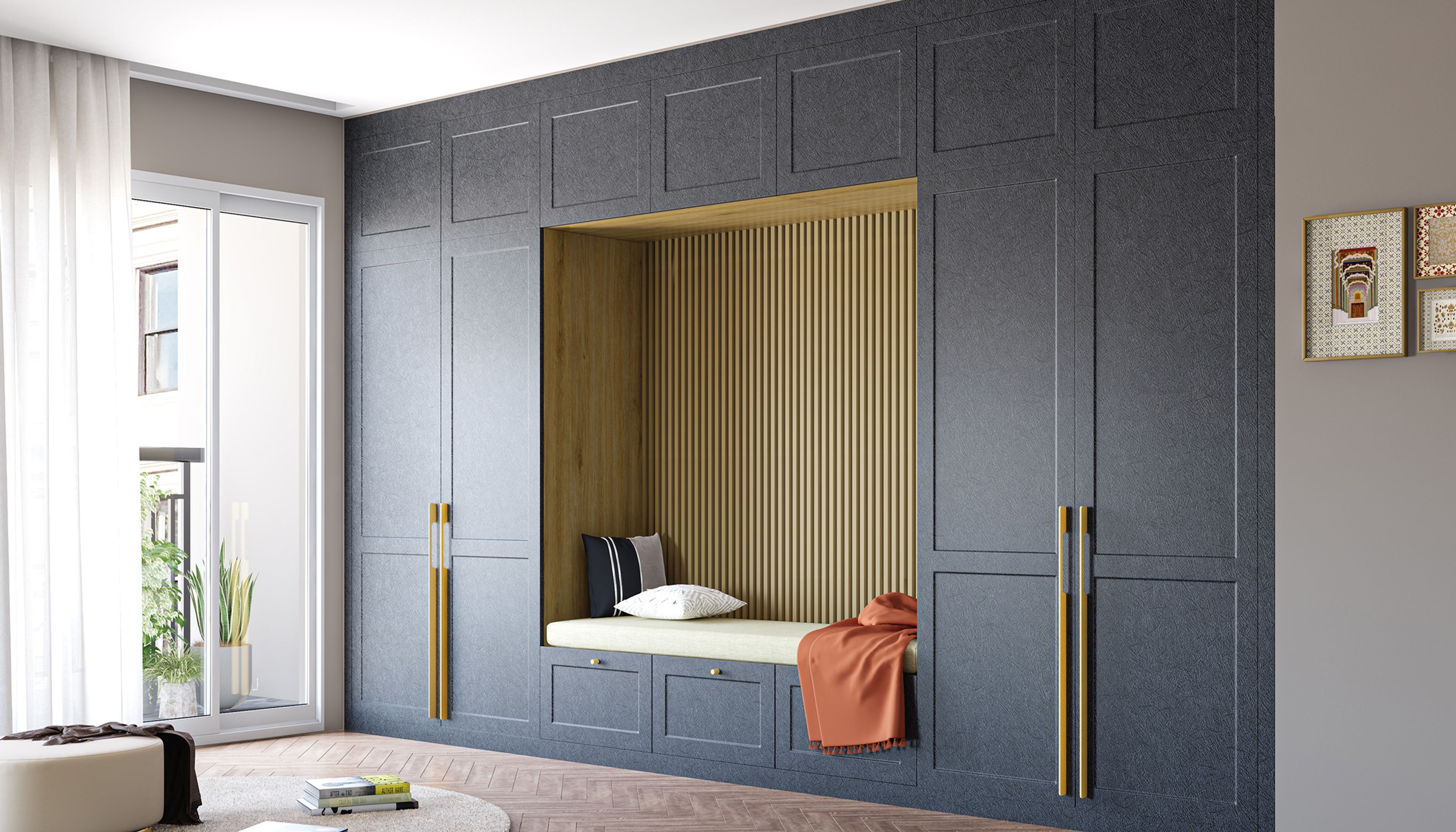 4-Door Swing Wardrobe Design With Built‑In Seating And Charcoal Grey Finish