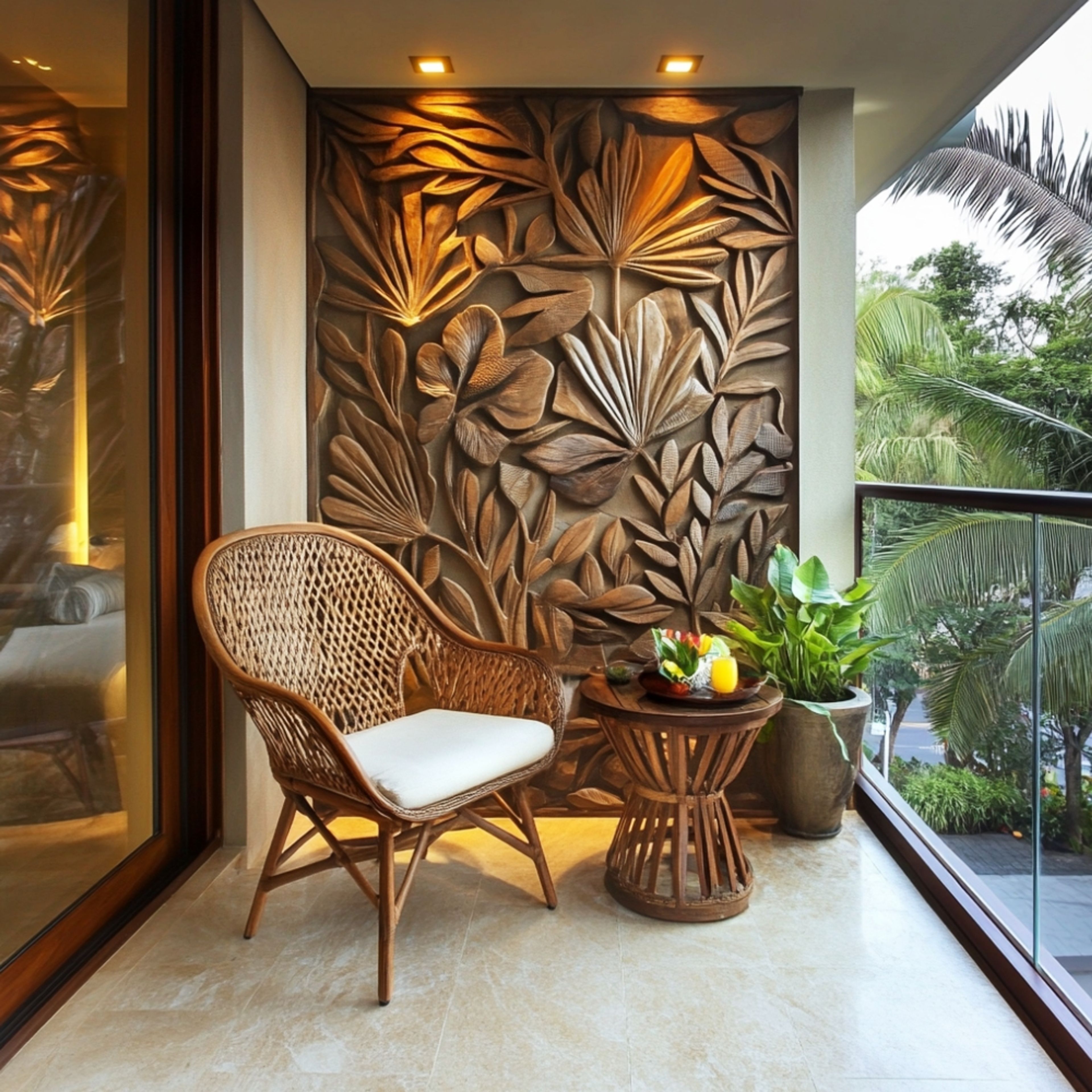 Balcony Design with Carved Wooden Wall Panel