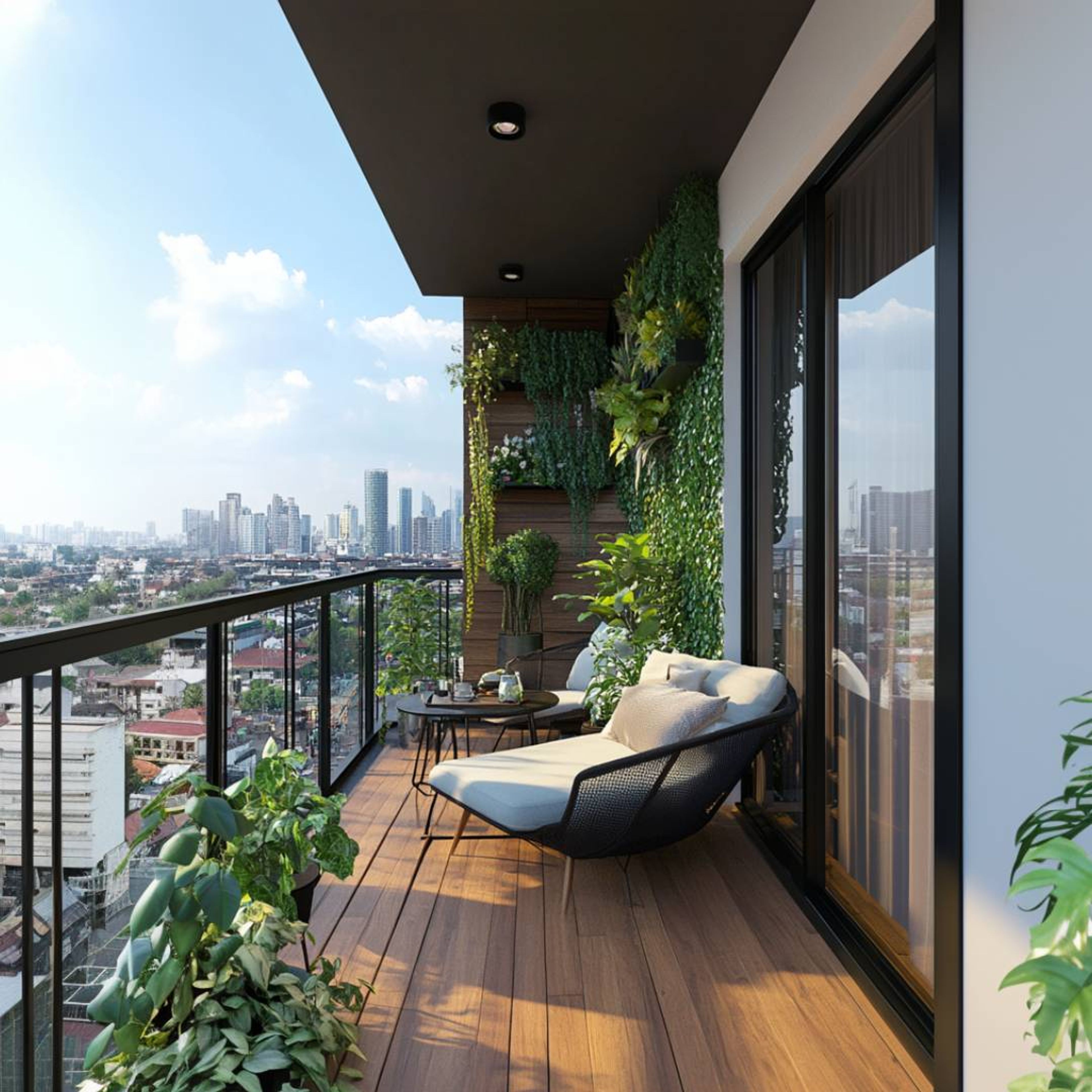 Balcony Design with Wooden Panel and Vertical Garden