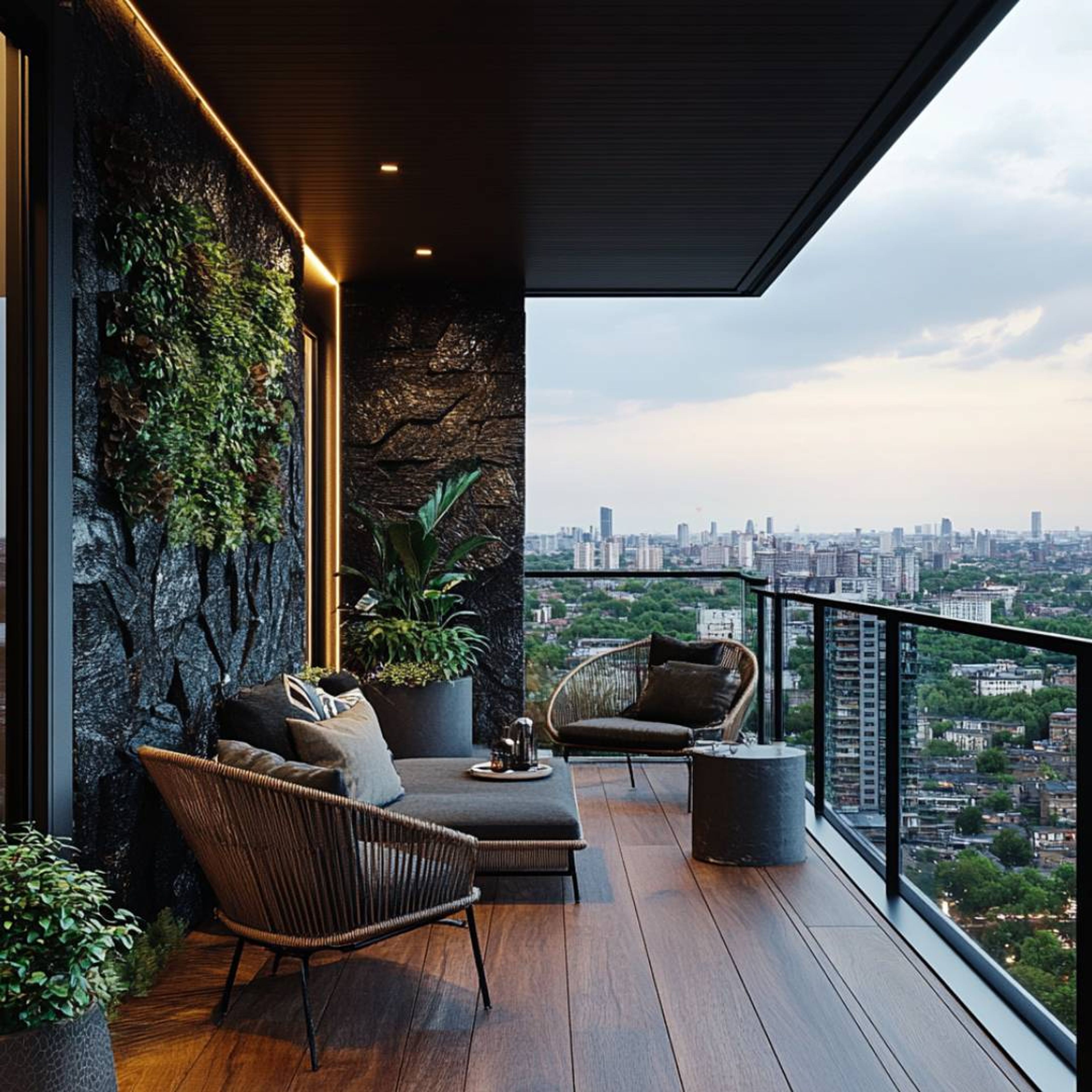 Balcony Design with Wooden Panel Groove Wall Feature