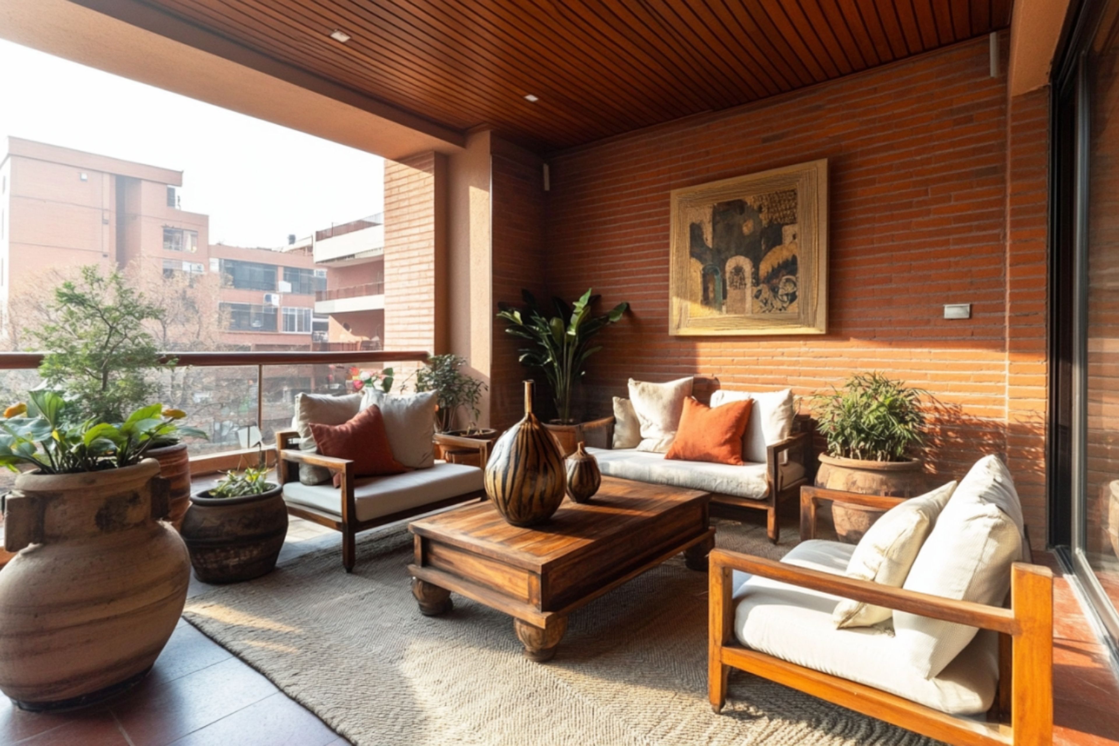 Balcony Design with Brick Wall and Wooden Furniture