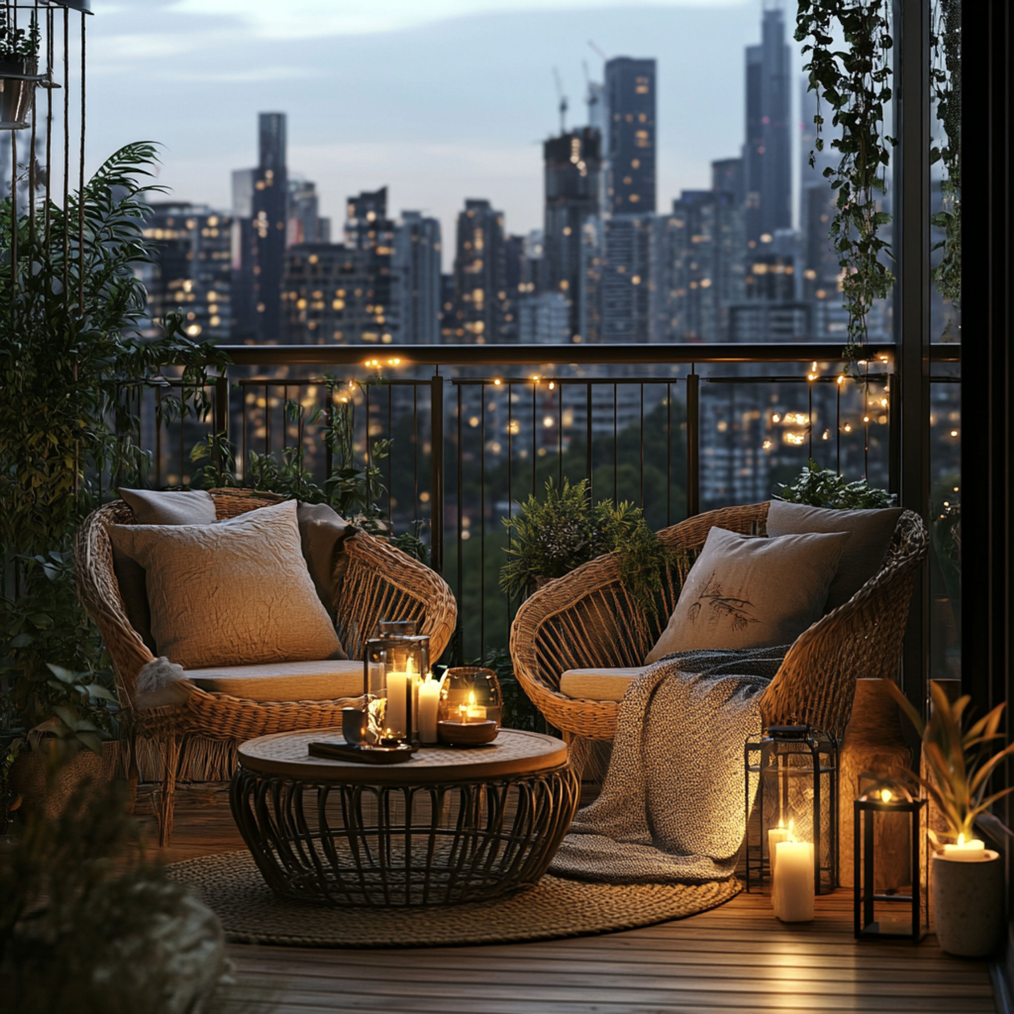 Balcony Design with Dark Metal Planters and Rattan Seating