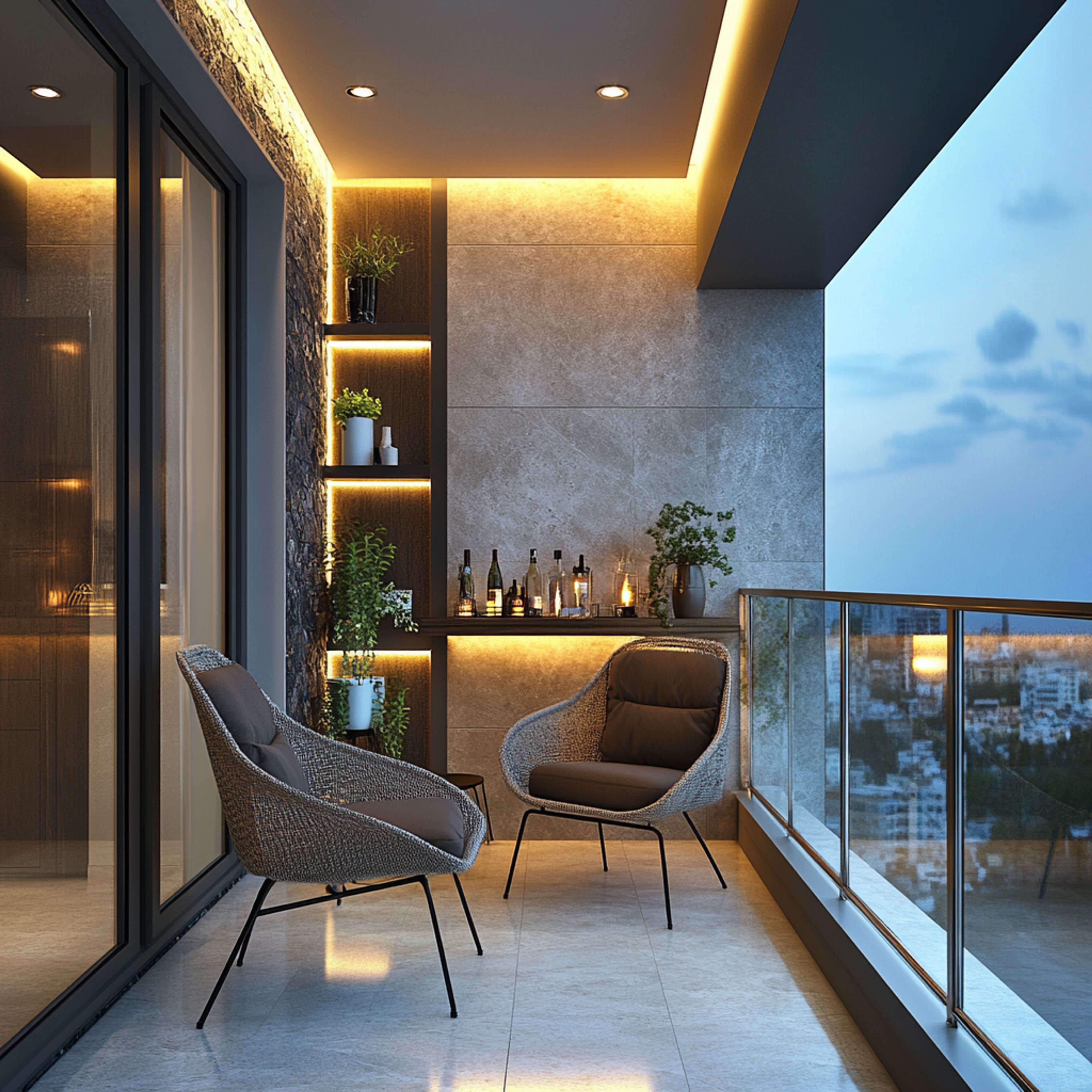 Balcony Design with Stone Walls, Wooden Shelves, and Bar Counter