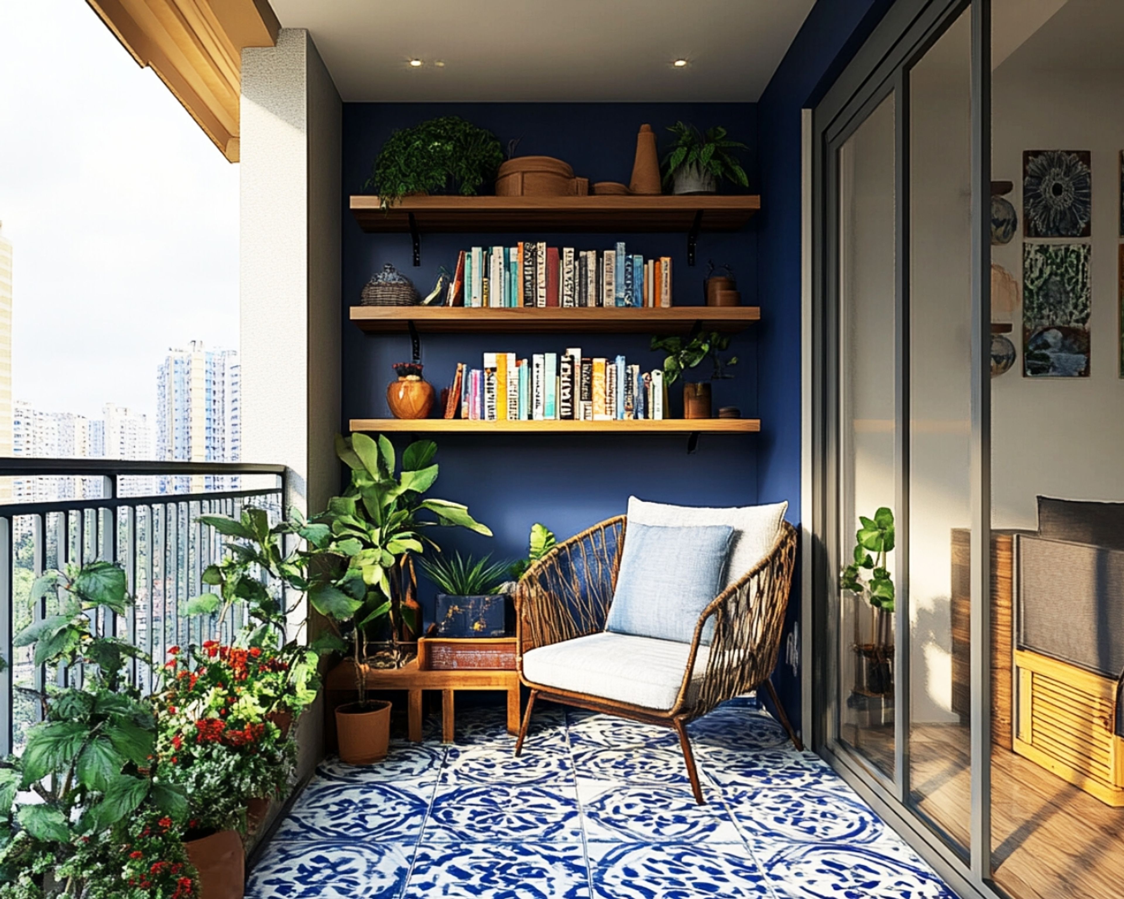 Balcony Design with Blue Wall and Wooden Shelves