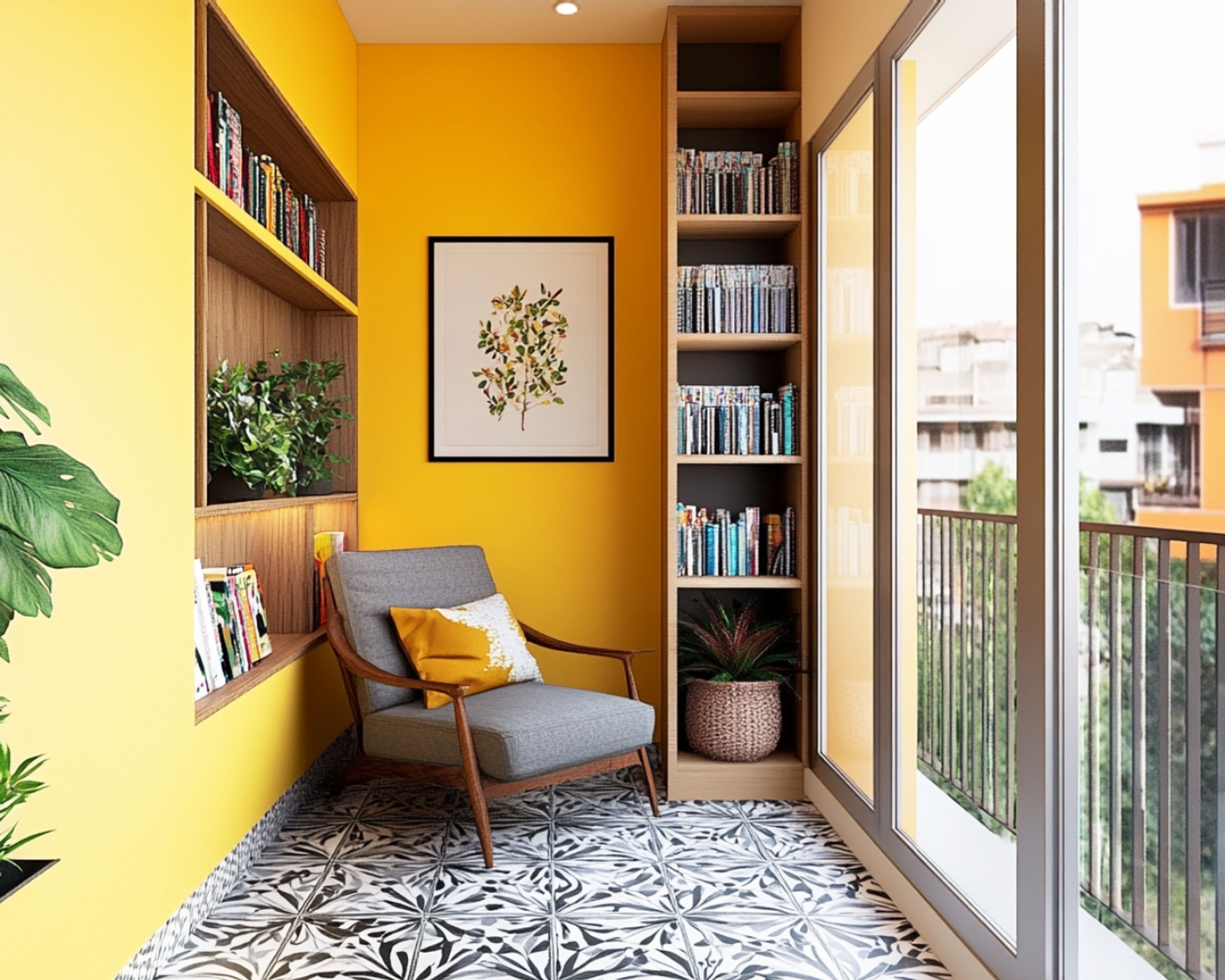Balcony Design with Yellow Walls and Built-In Wooden Bookshelves
