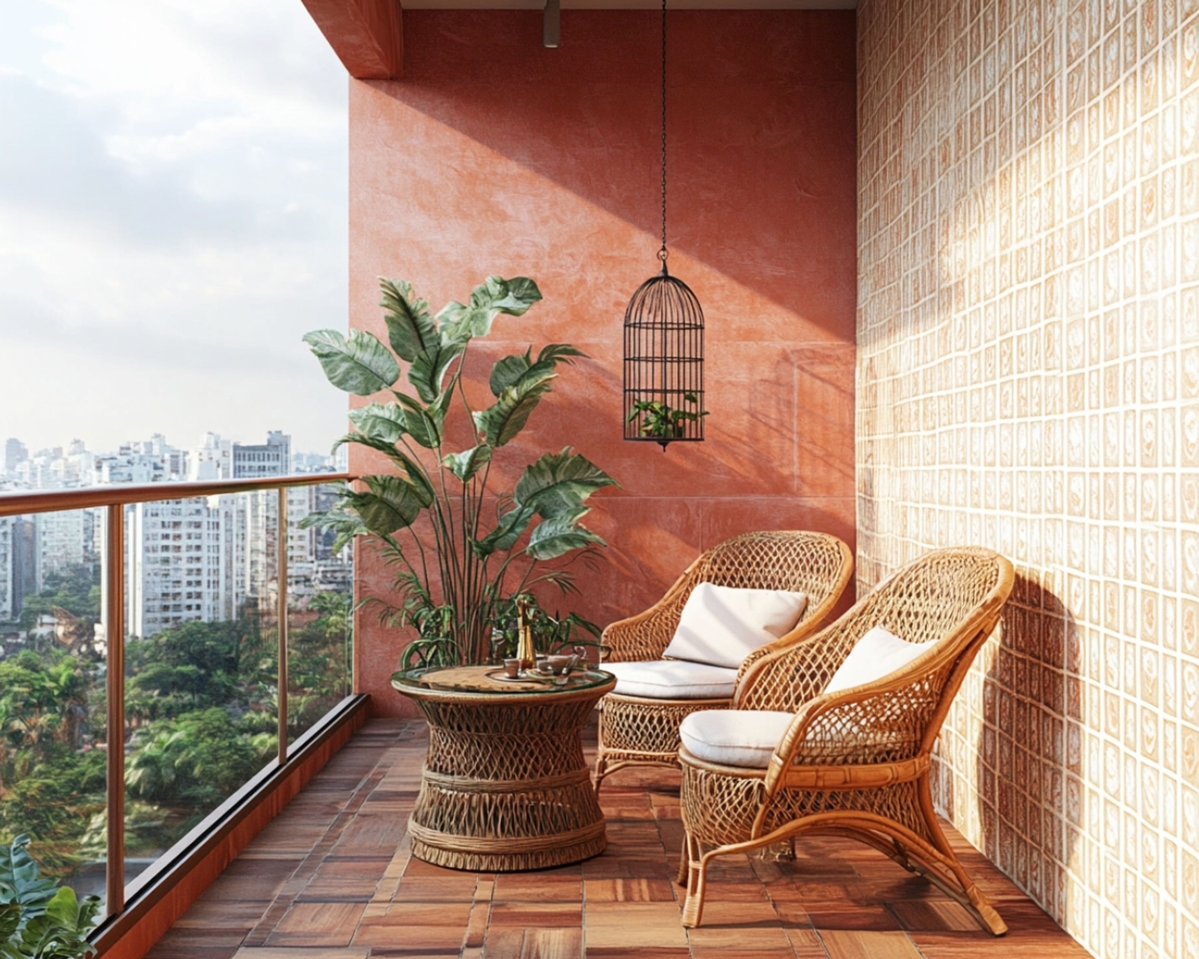 Balcony Design with Terracotta Walls and Rattan Seating