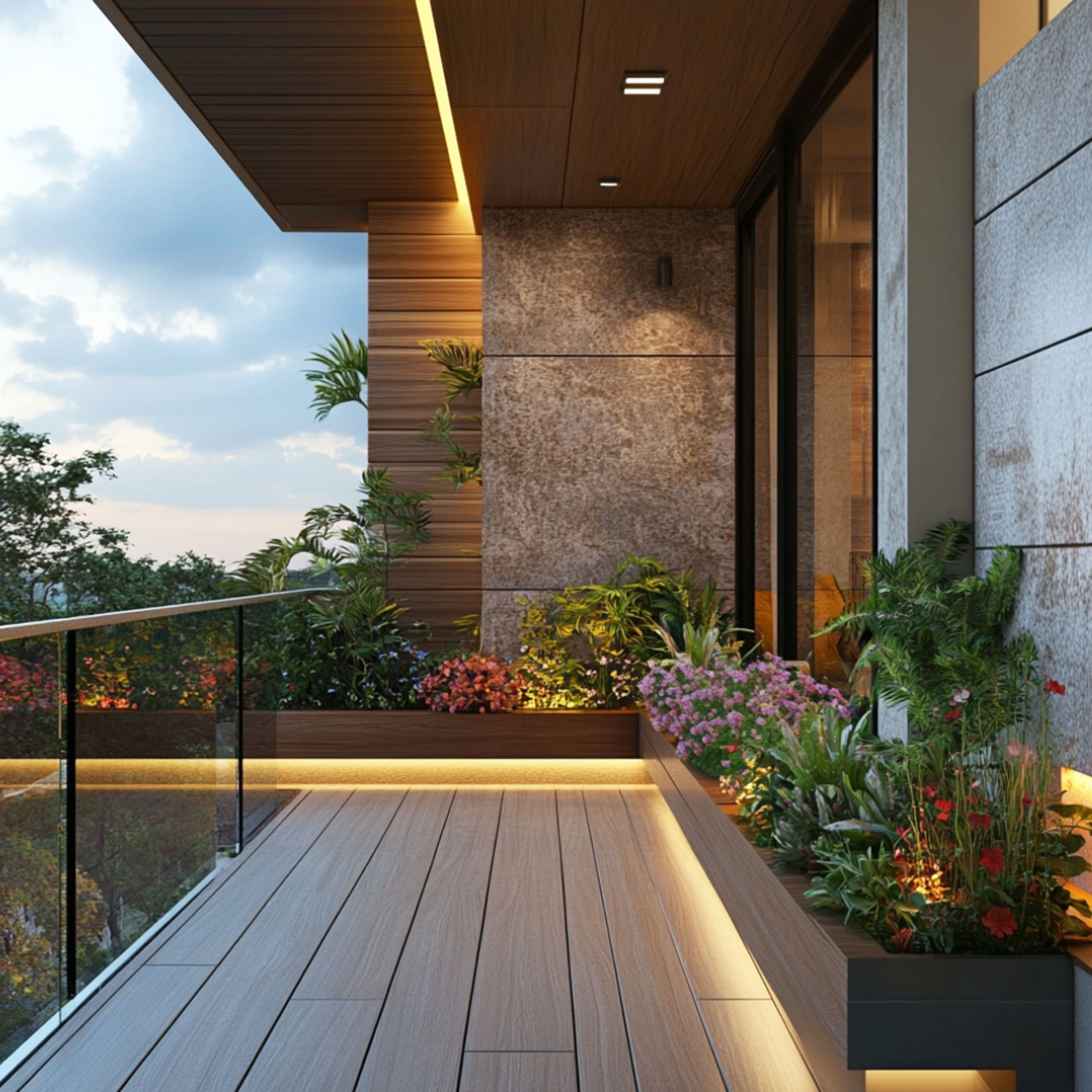 Balcony Design with Wood Cladding and Textured Stone Wall