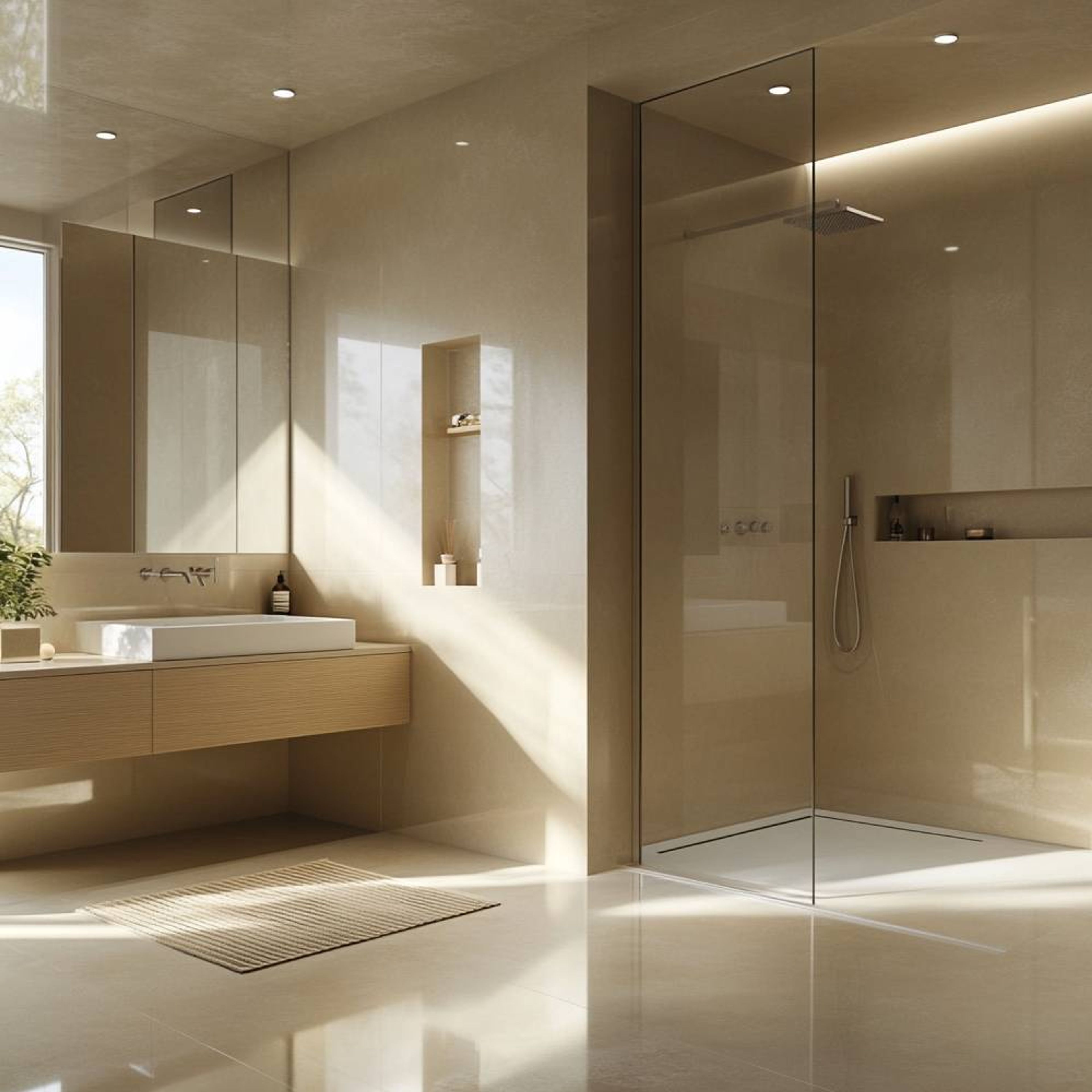 Spacious Modern Bathroom Design with Beige Tiles and Vanity
