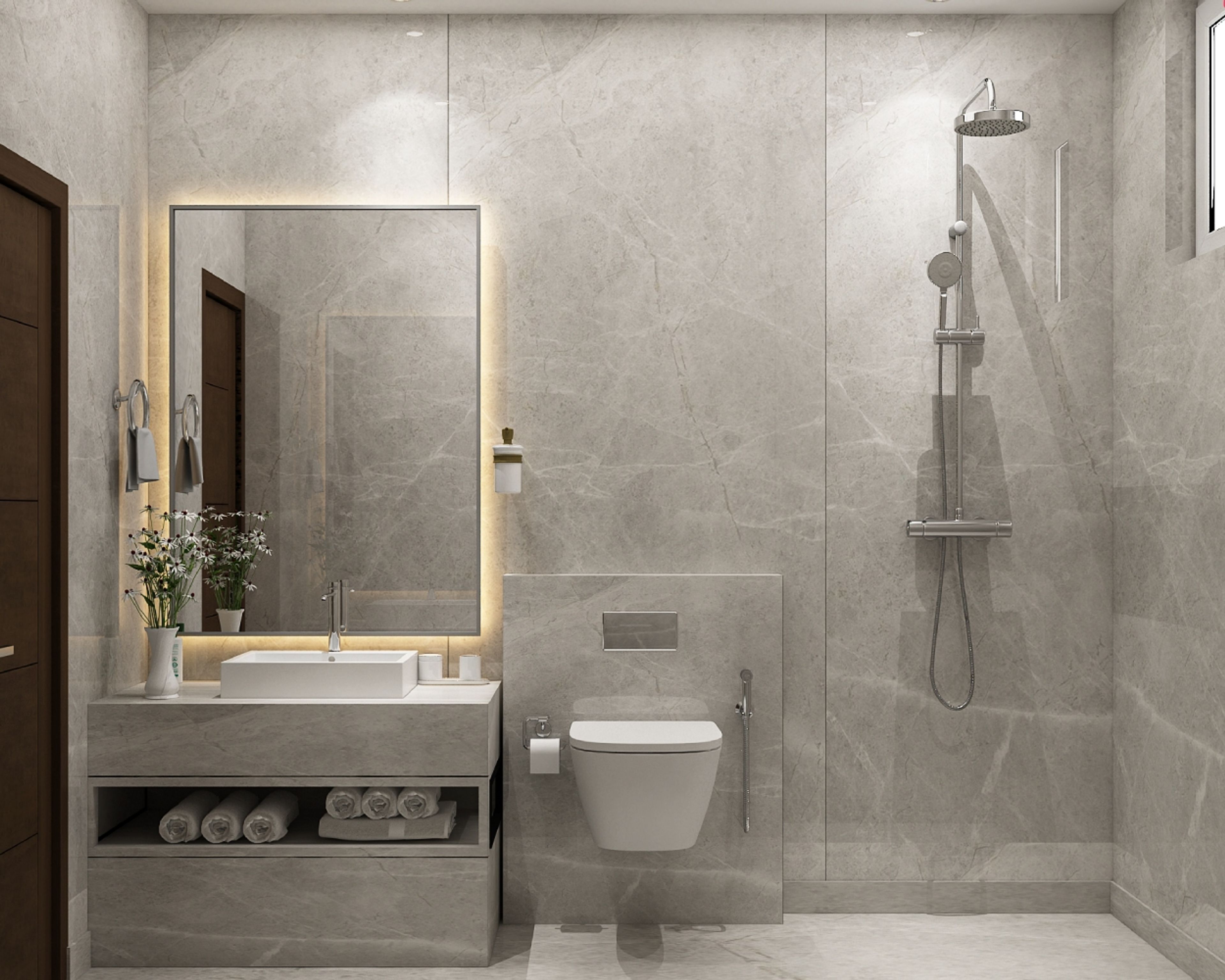 Modern Bathroom Design with Grey Marble and LED-Lit Mirror