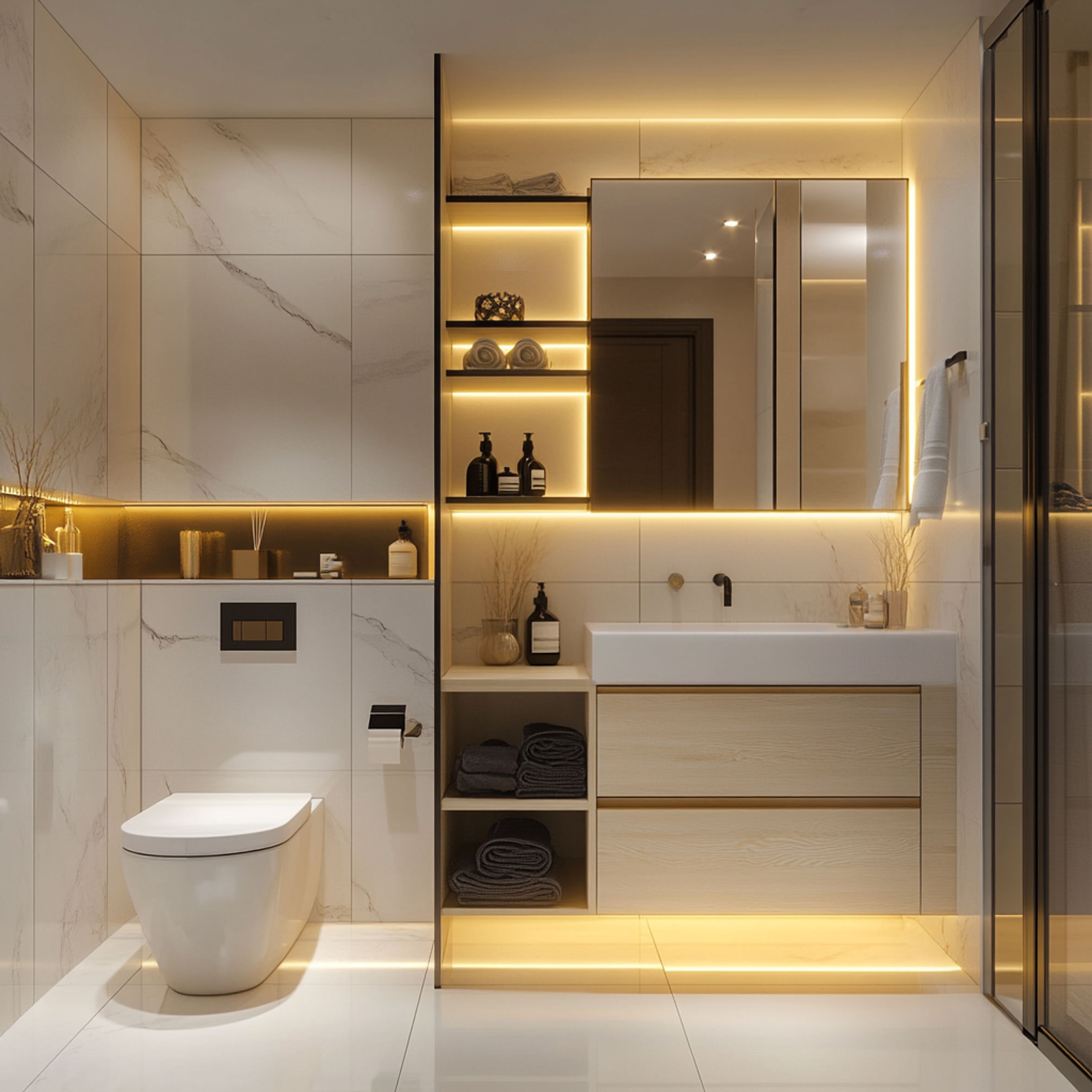 Contemporary White Marble Bathroom Design with LED Mirror