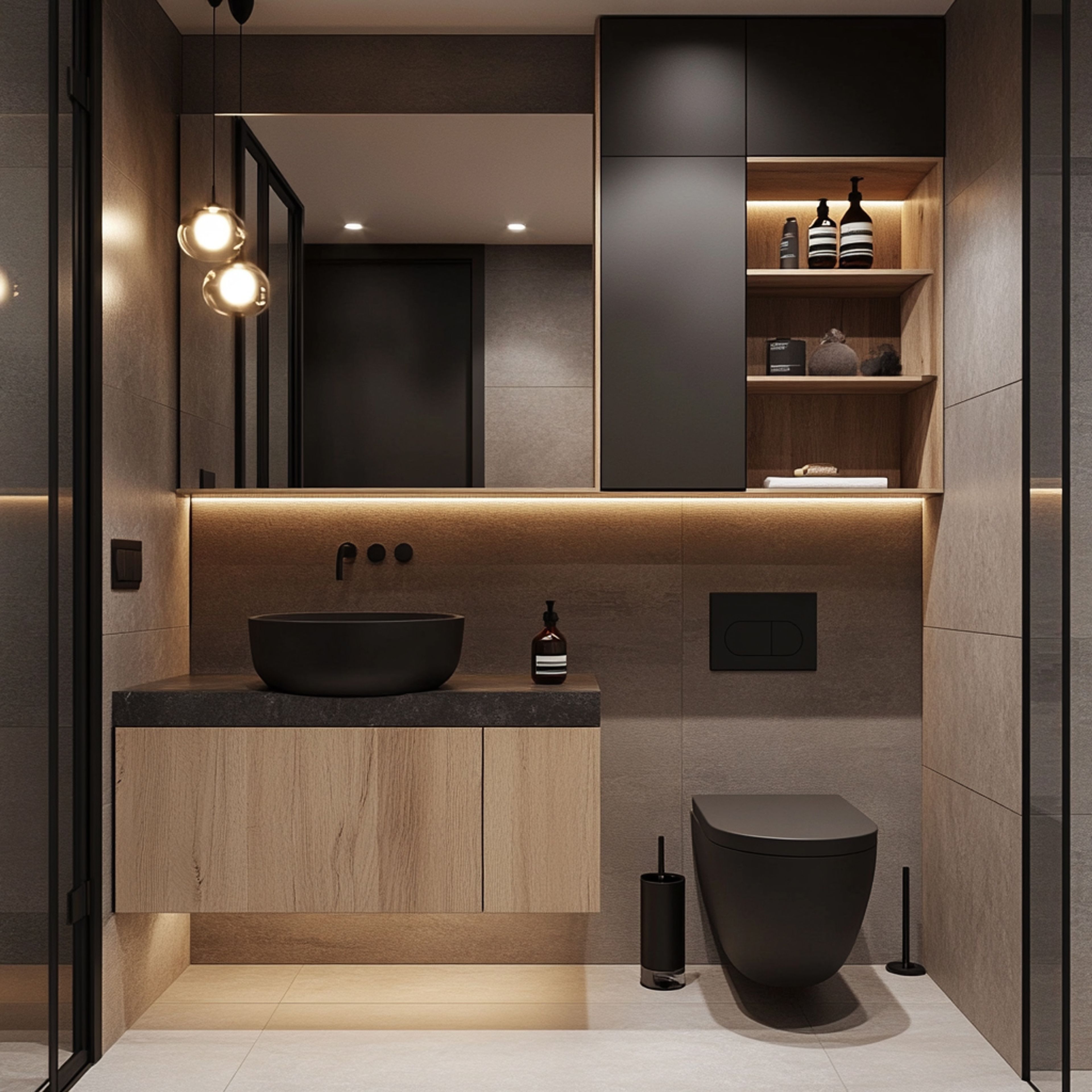 Beige Modern Bathroom Design with LED Vanity Lighting and Glass Partition