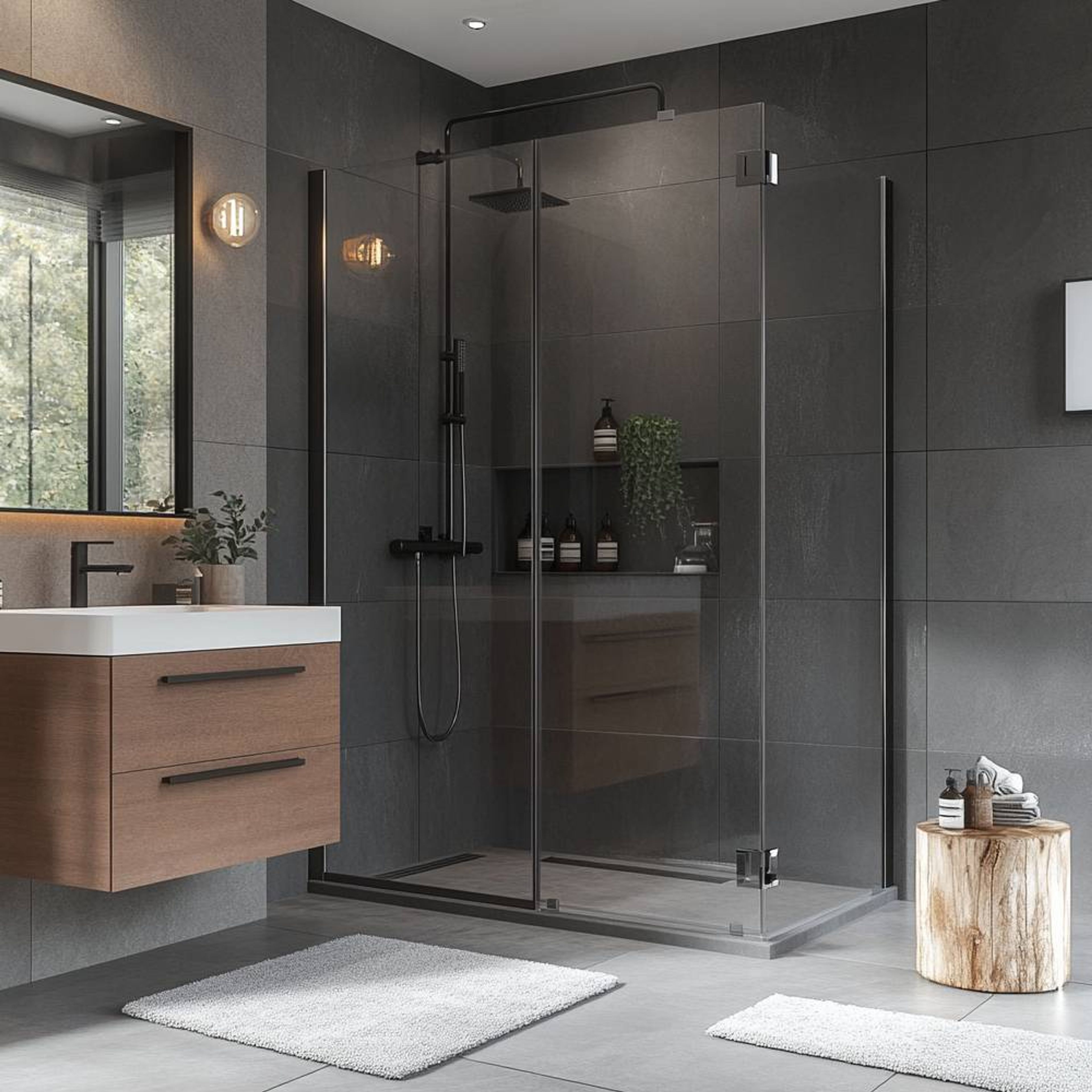 Rustic Bathroom Design with Grey Tiles and Suede Finish Vanity