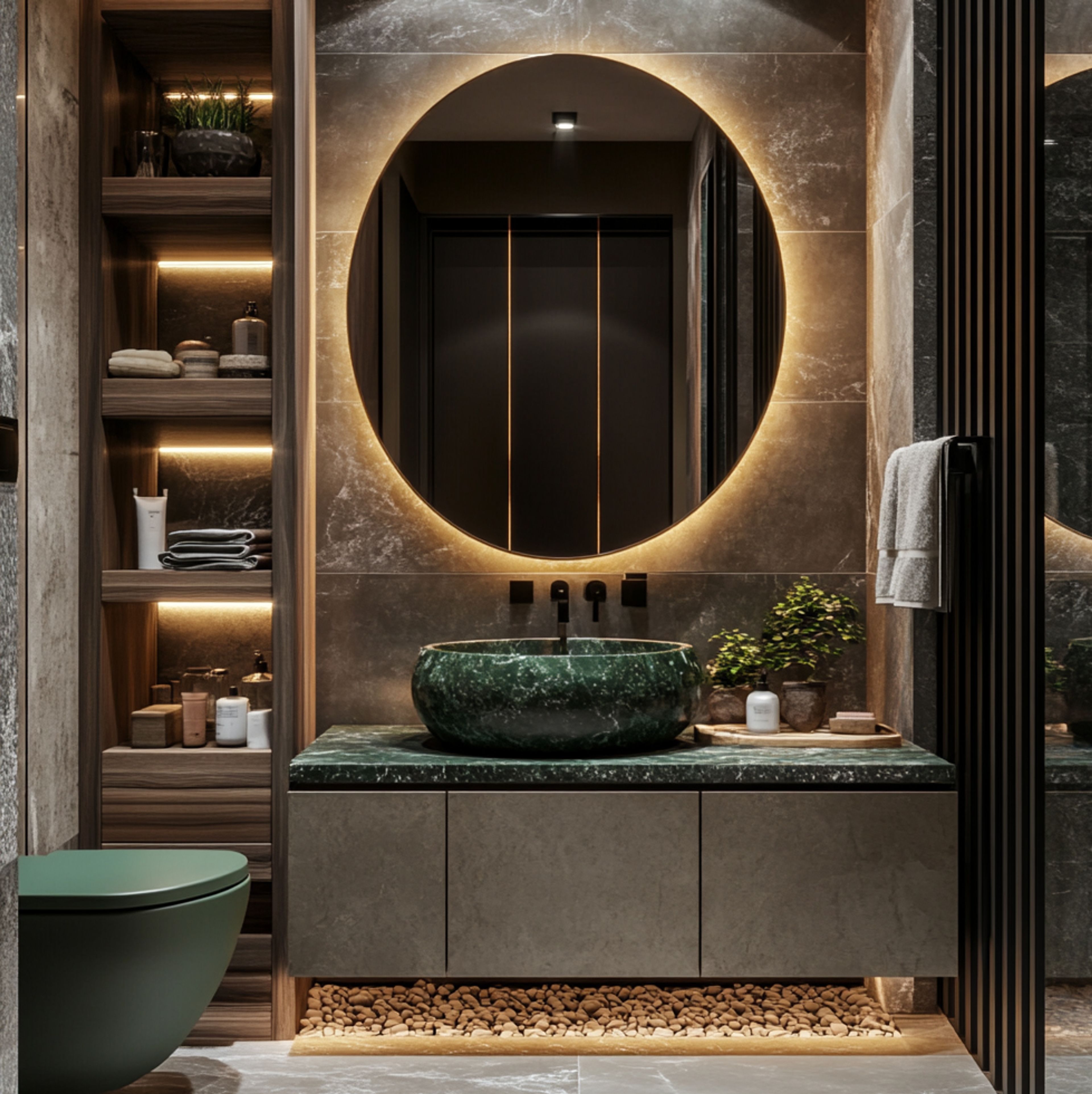 Rustic Bathroom Design with Green Marble Basin and Wooden Shelves