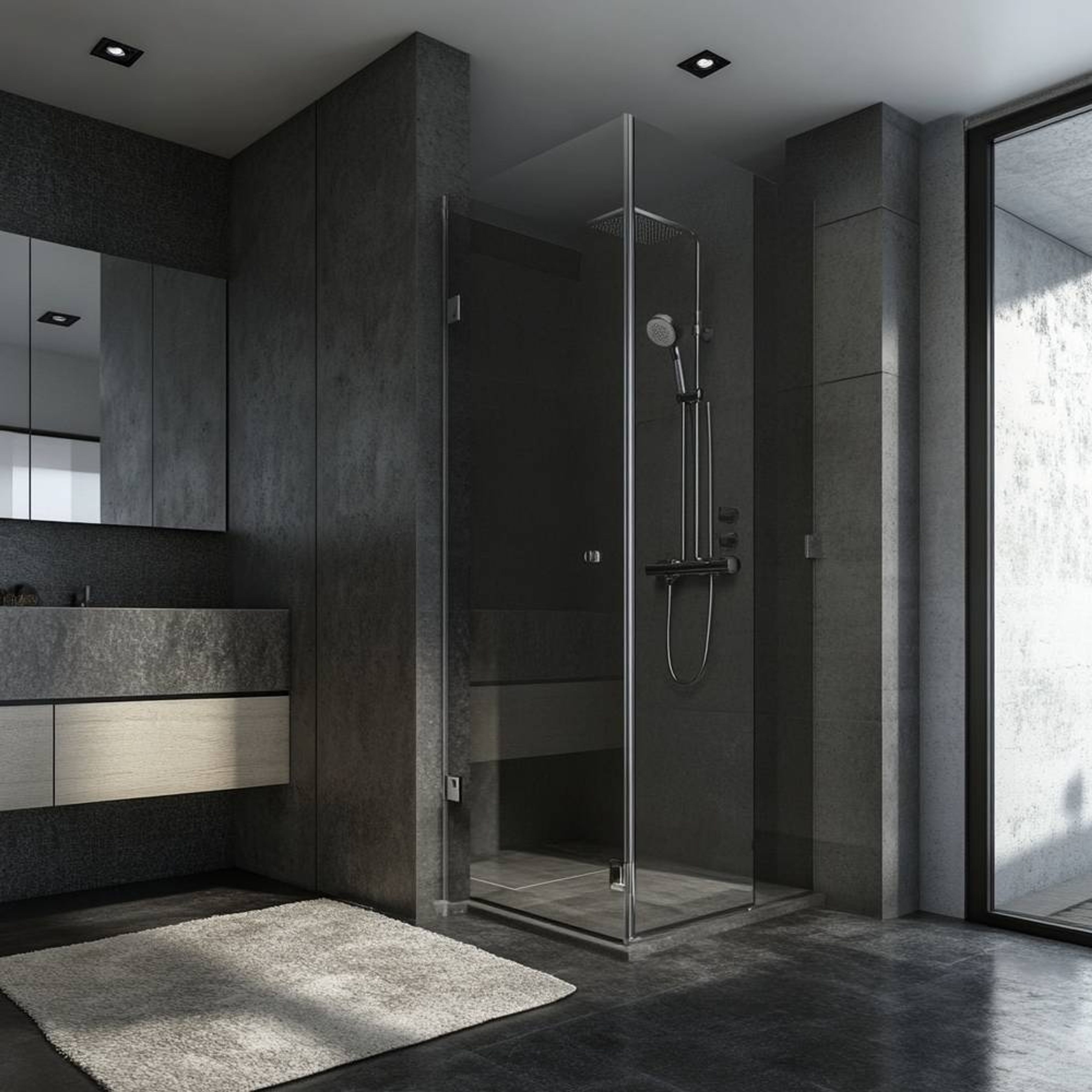 Bathroom Design with Rustic Grey Tiles and Suede Finish Vanity