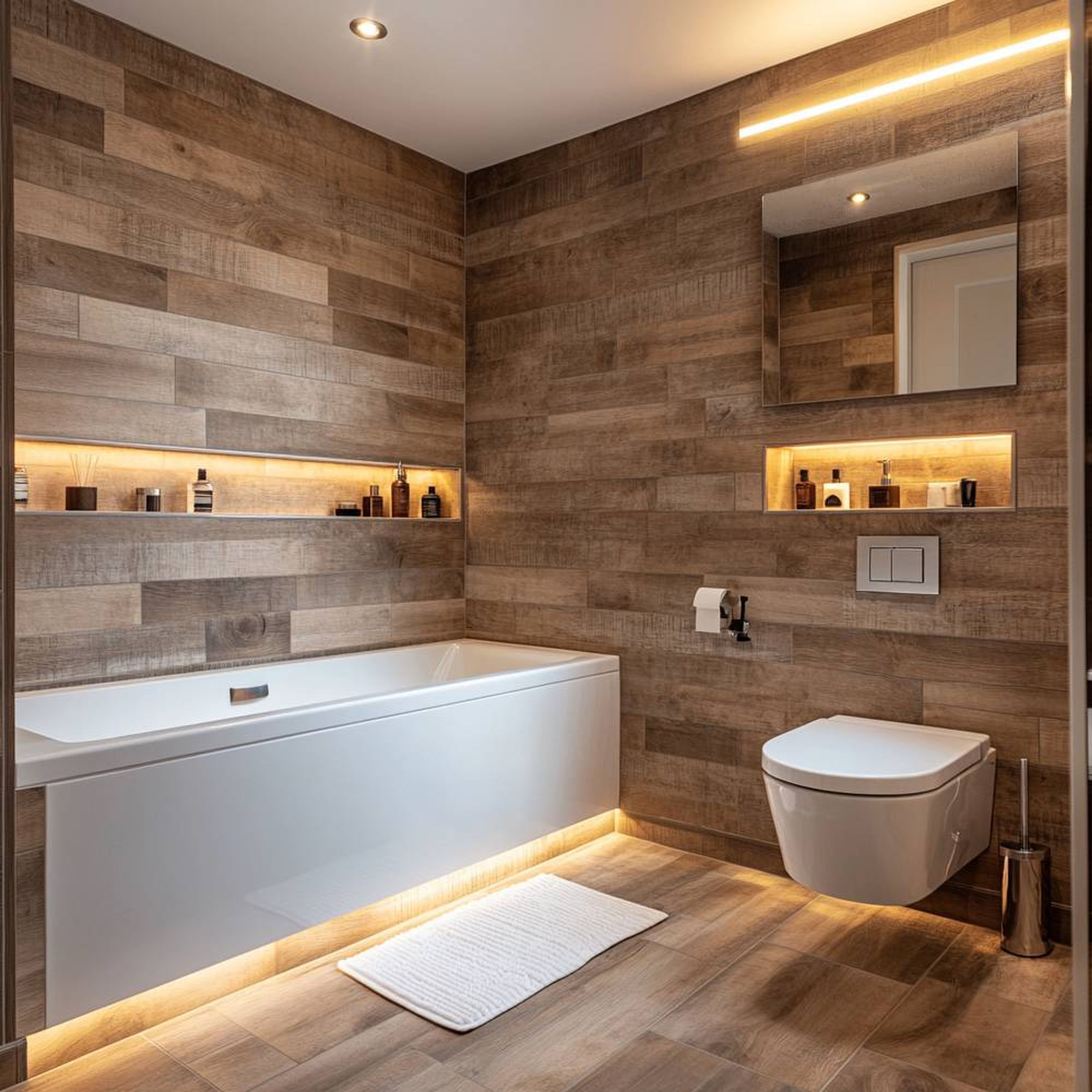 Contemporary Bathroom Design with Brown Tiles and Rectangle Mirror