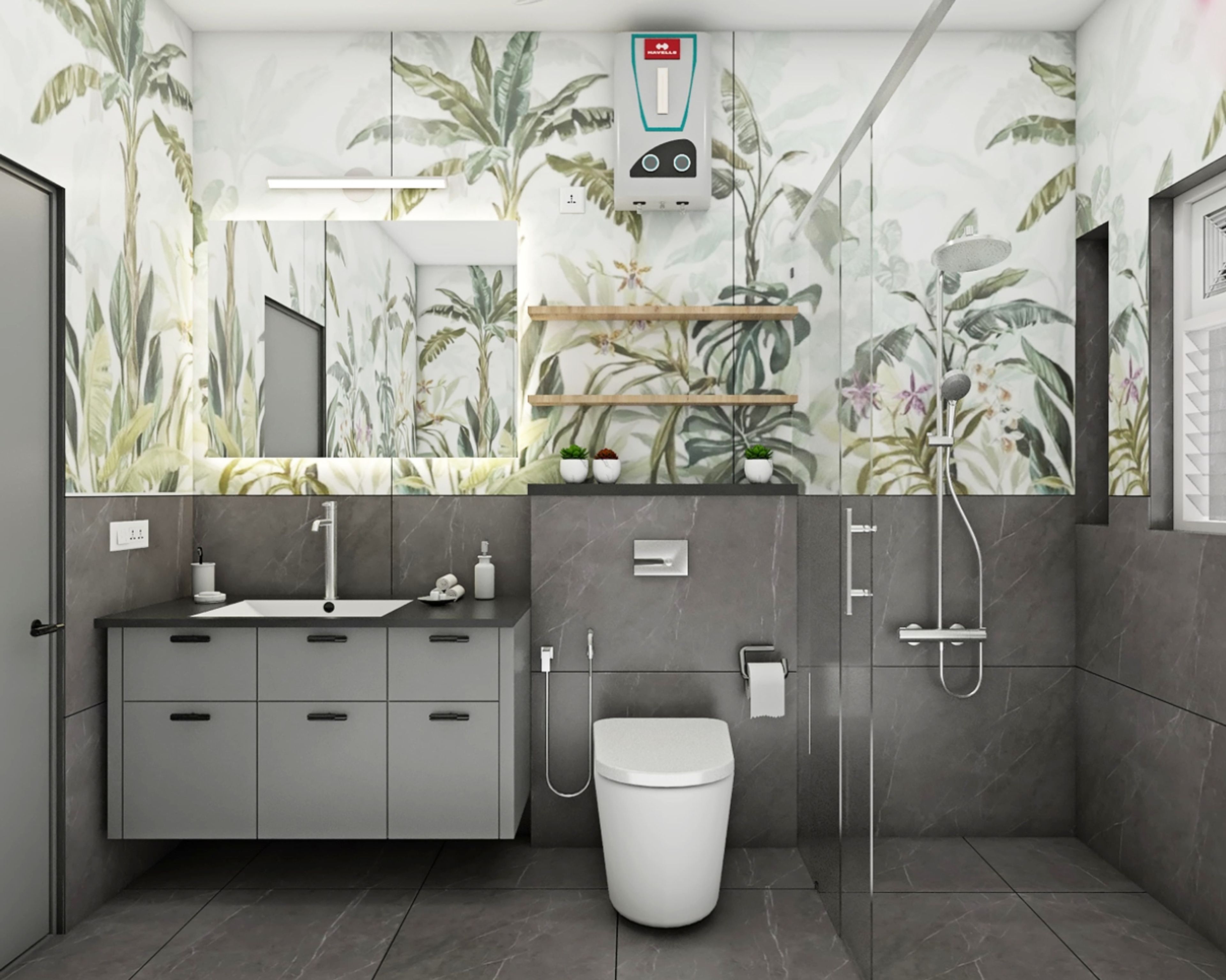 Tropical Grey Bathroom Design with Floating Vanity and LED Mirror