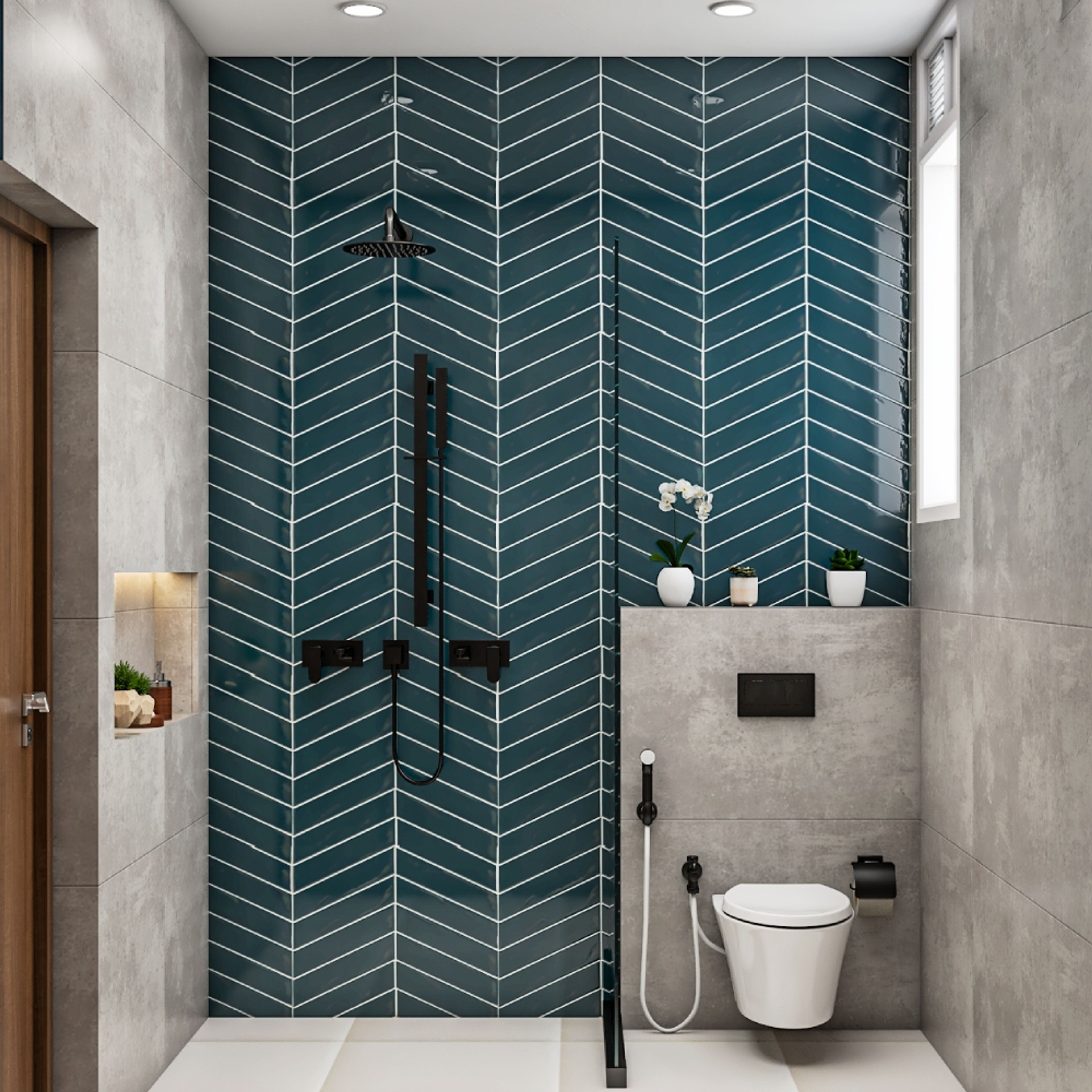 Bathroom Design with Deep Teal Herringbone Shower Wall Tiles