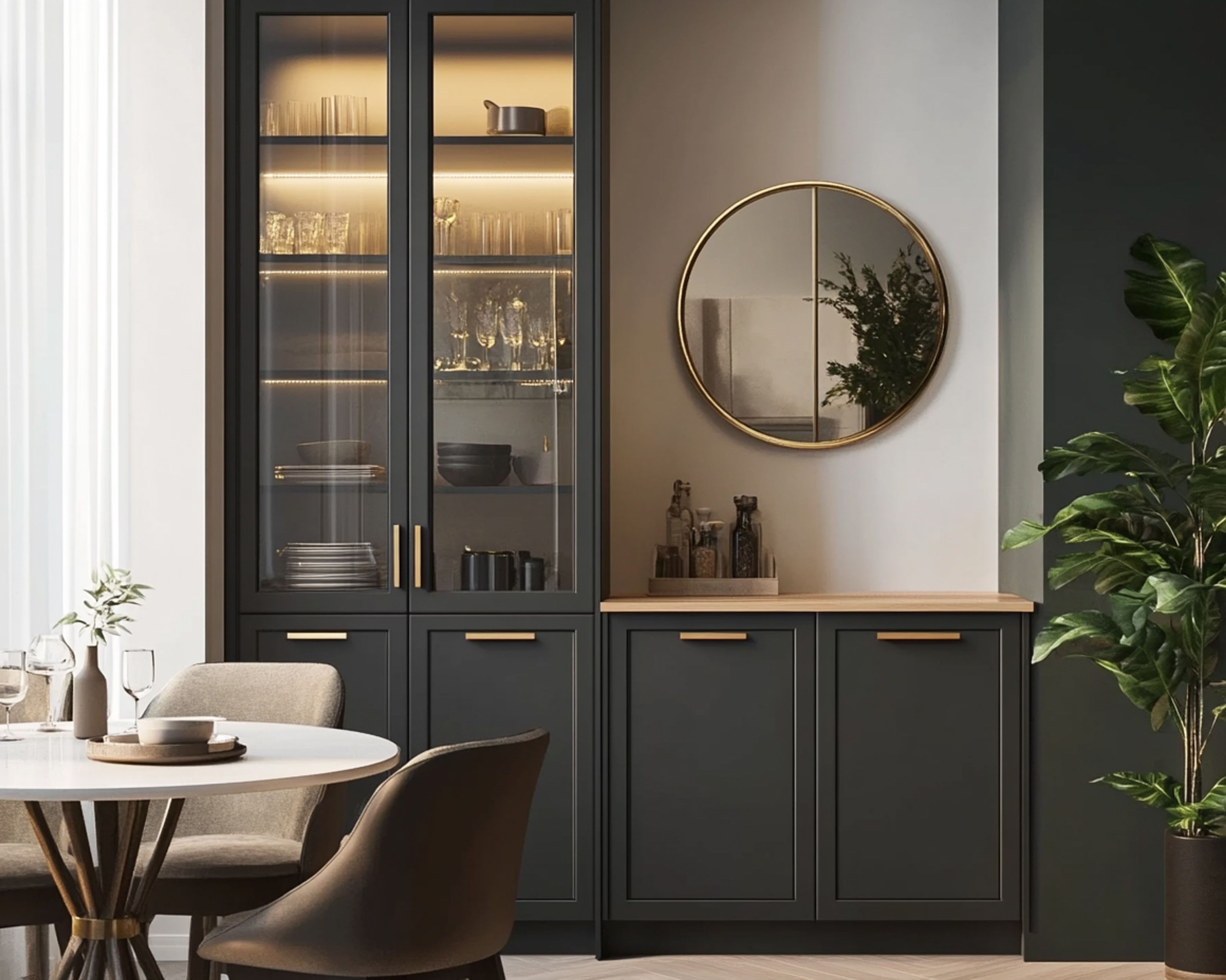 Grey Crockery Unit Design with Shutter and Glass Storage