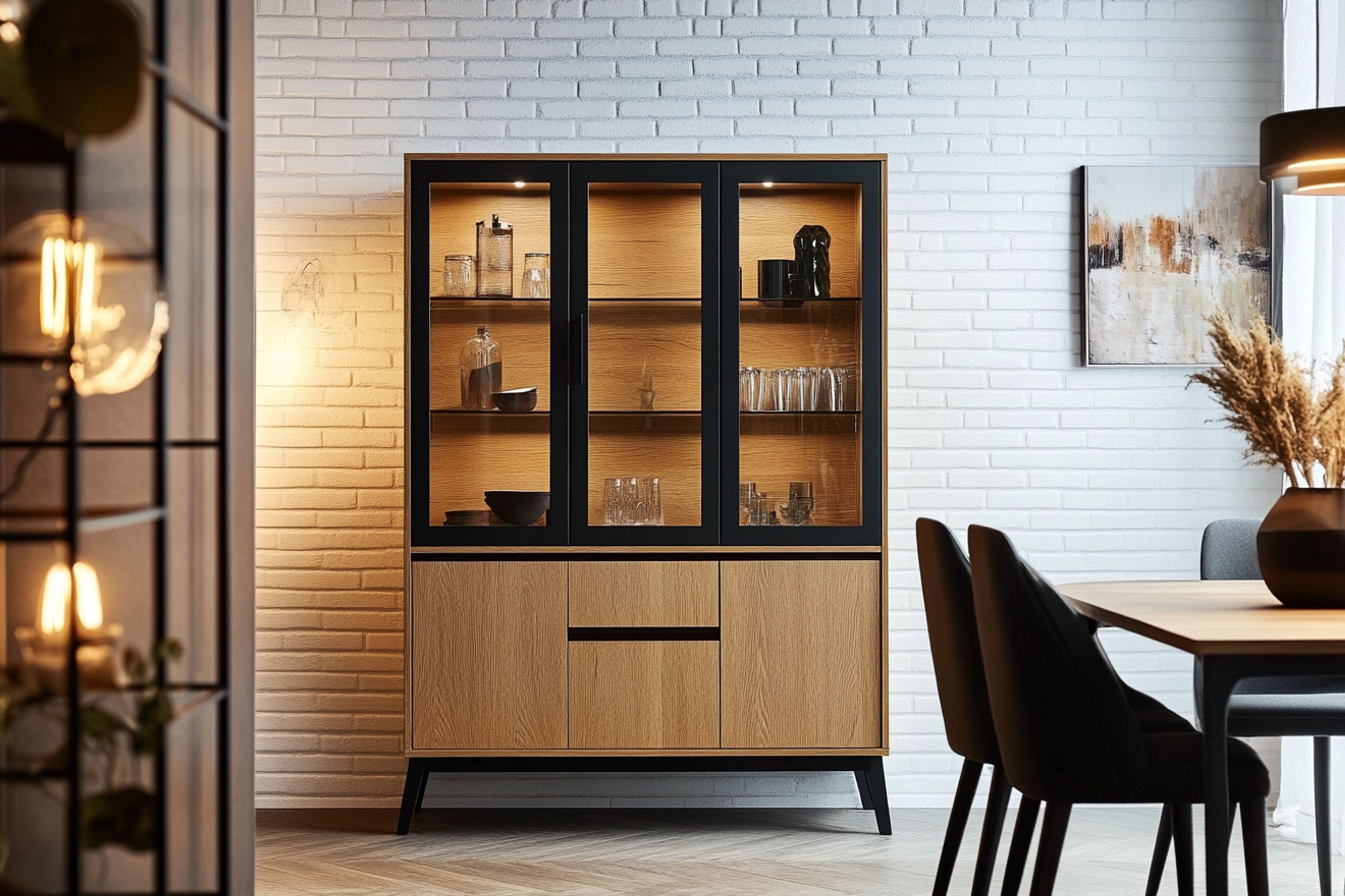 Walnut Crockery Unit Design with Glass Shutters and Drawers