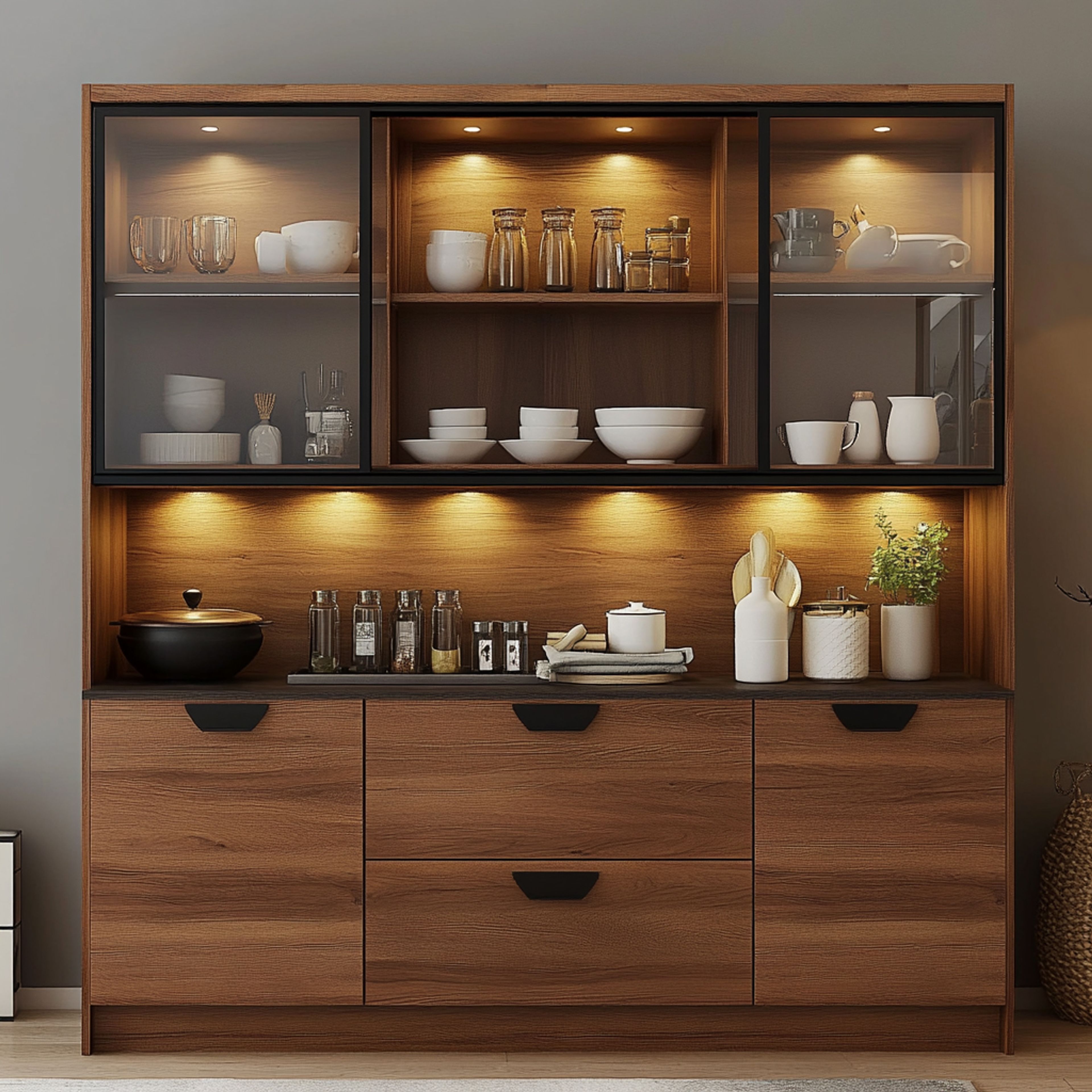 Walnut Crockery Unit Design with Glass Shutters and Open Rack