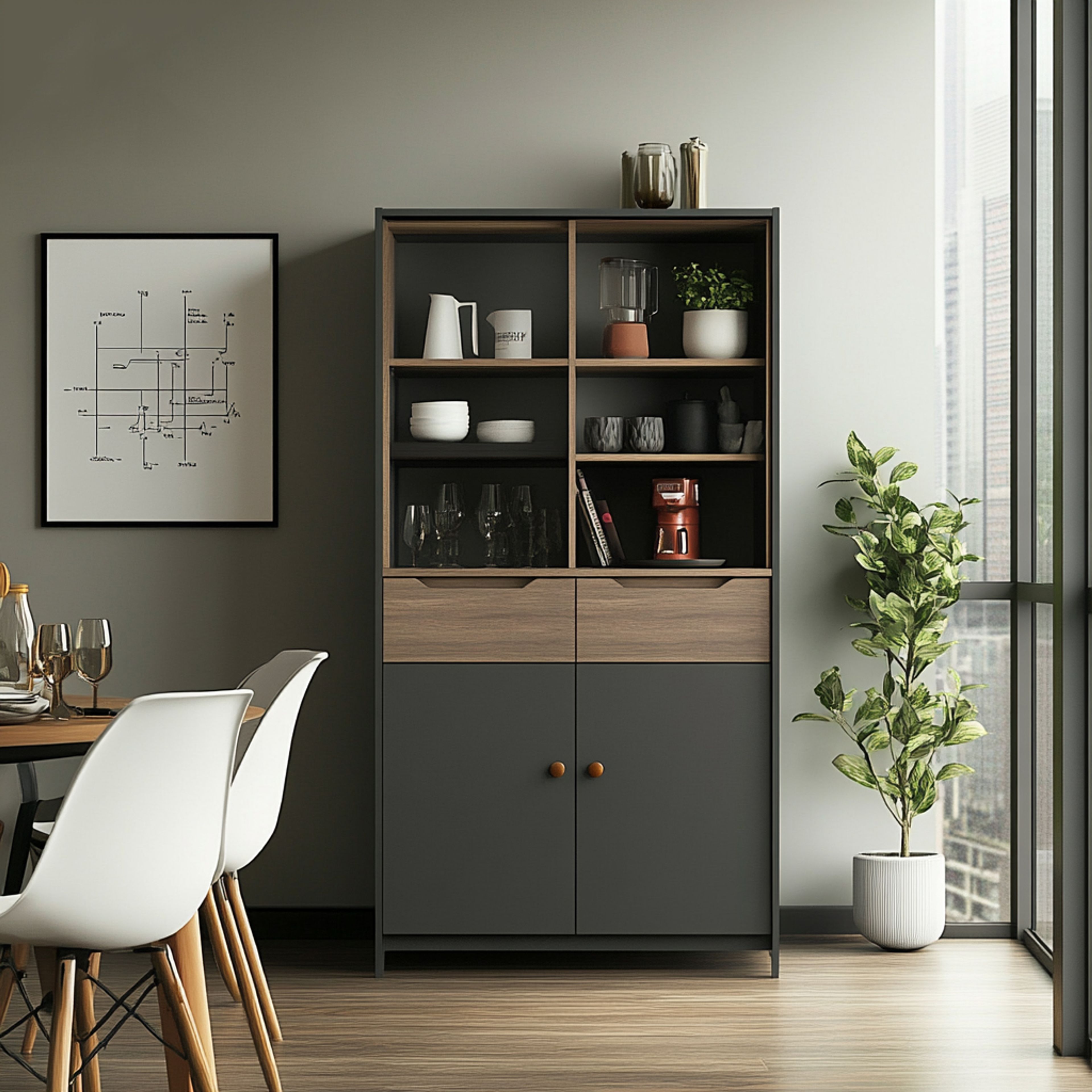 Modern Grey and Wood Crockery Unit Design in Suede Finish