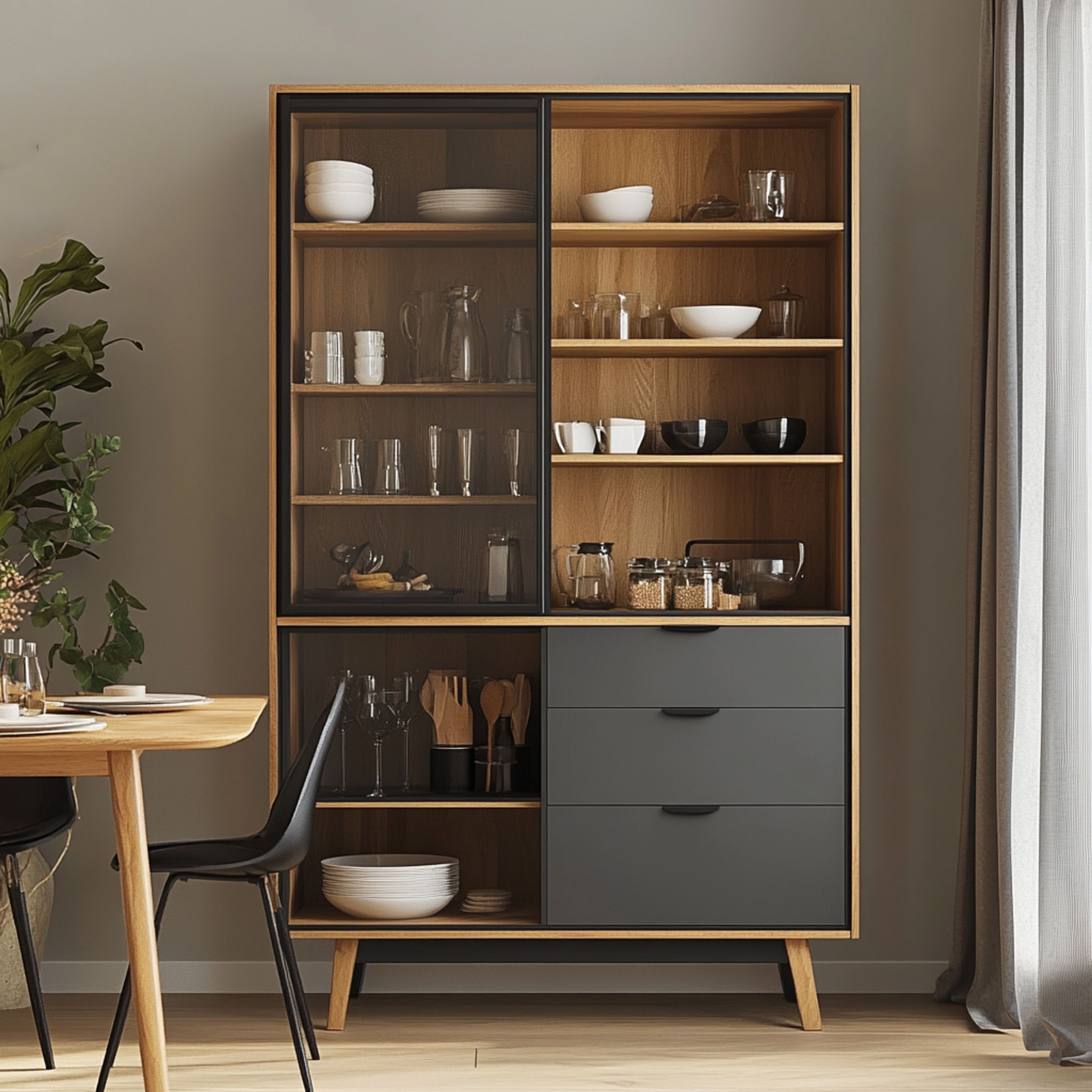 Mid-Century Modern Crockery Unit Design in Natural Wood and Charcoal Grey