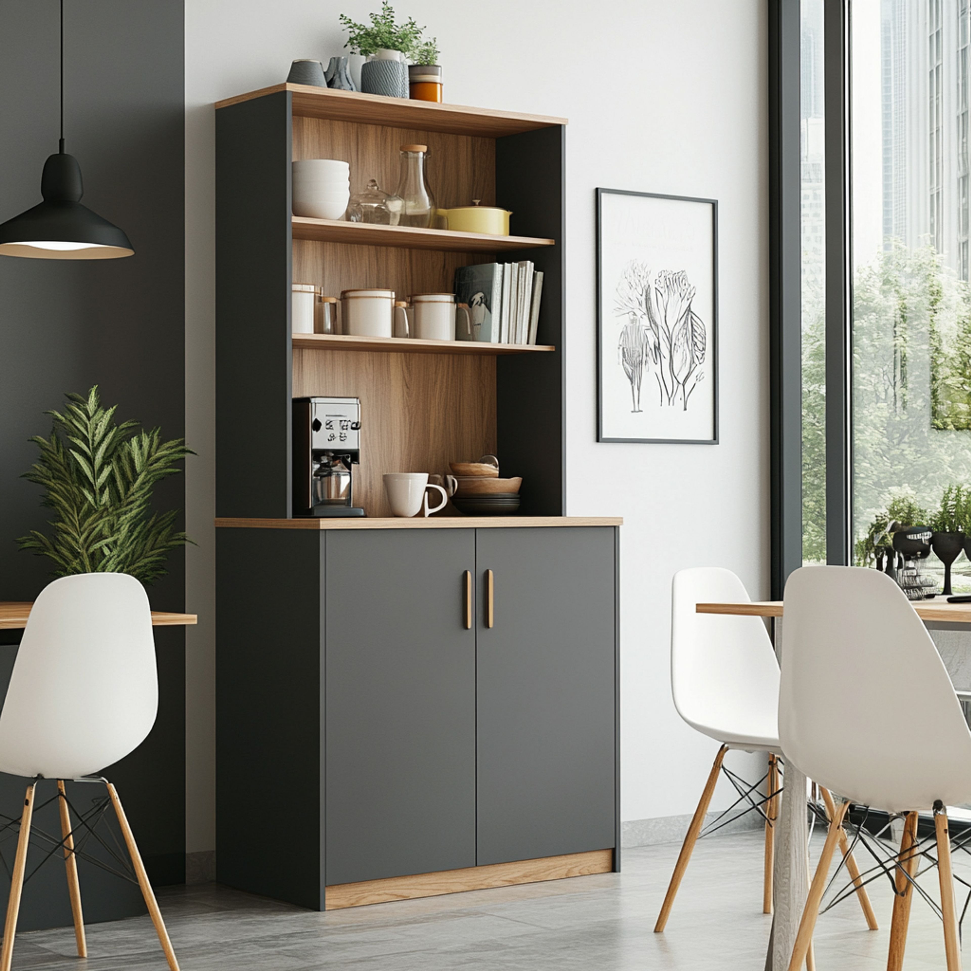 Modern Grey and Wood Crockery Unit Design