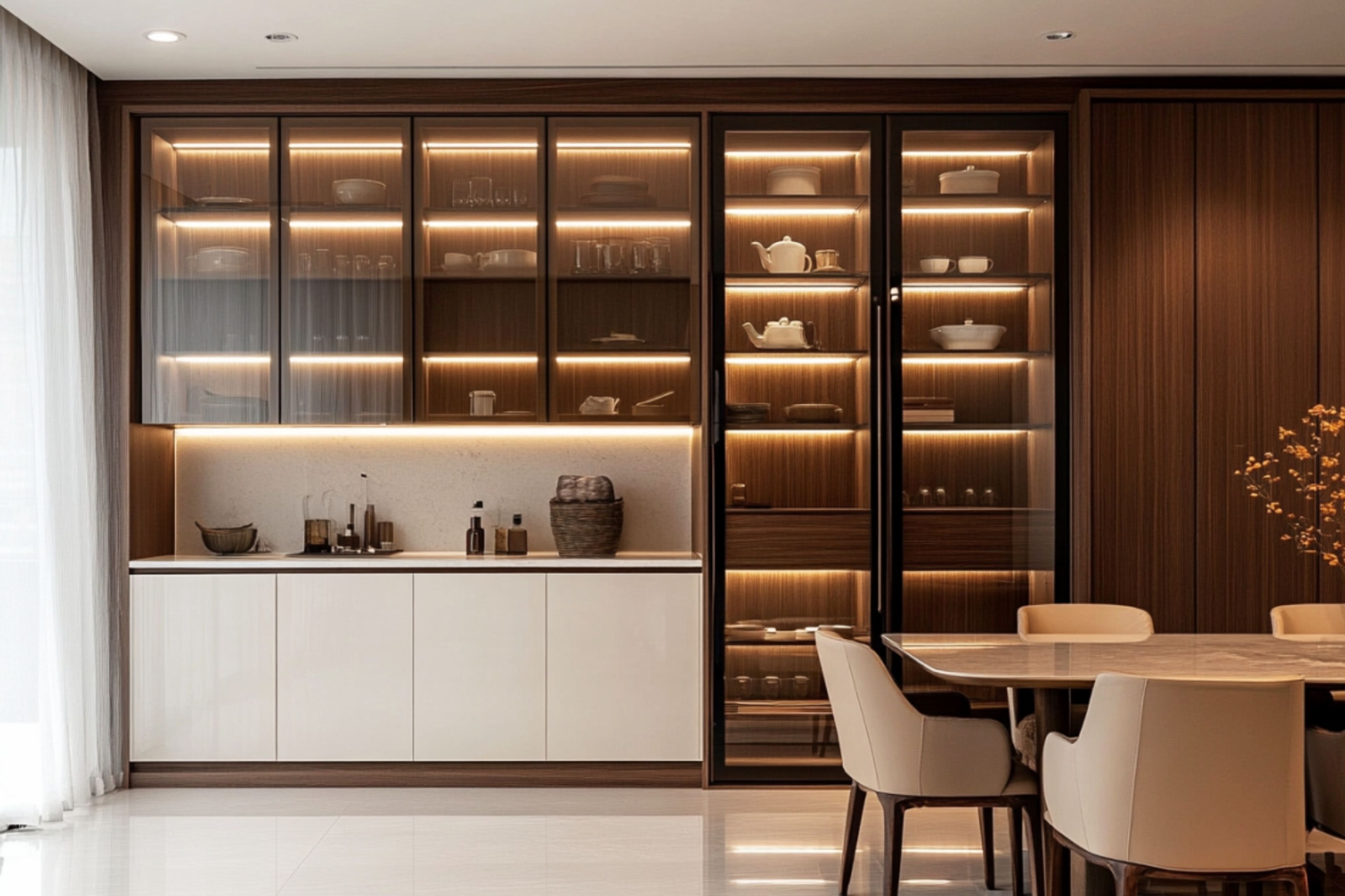 Contemporary White Crockery Unit Design with Glass Front Cabinets