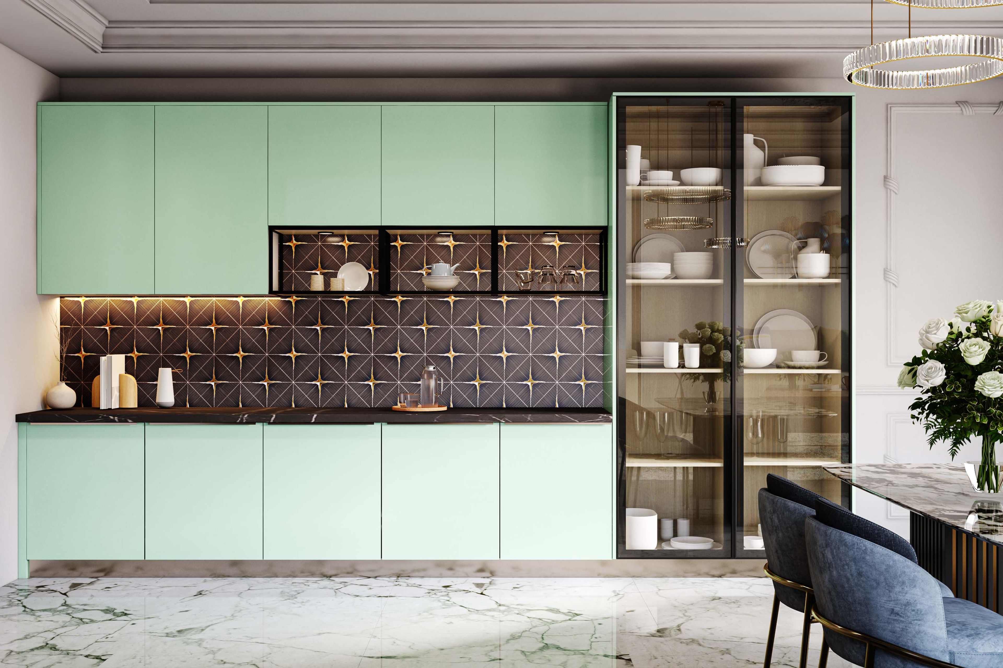 Contemporary Mint-Green Crockery Unit Design with Glass Profile Shutters