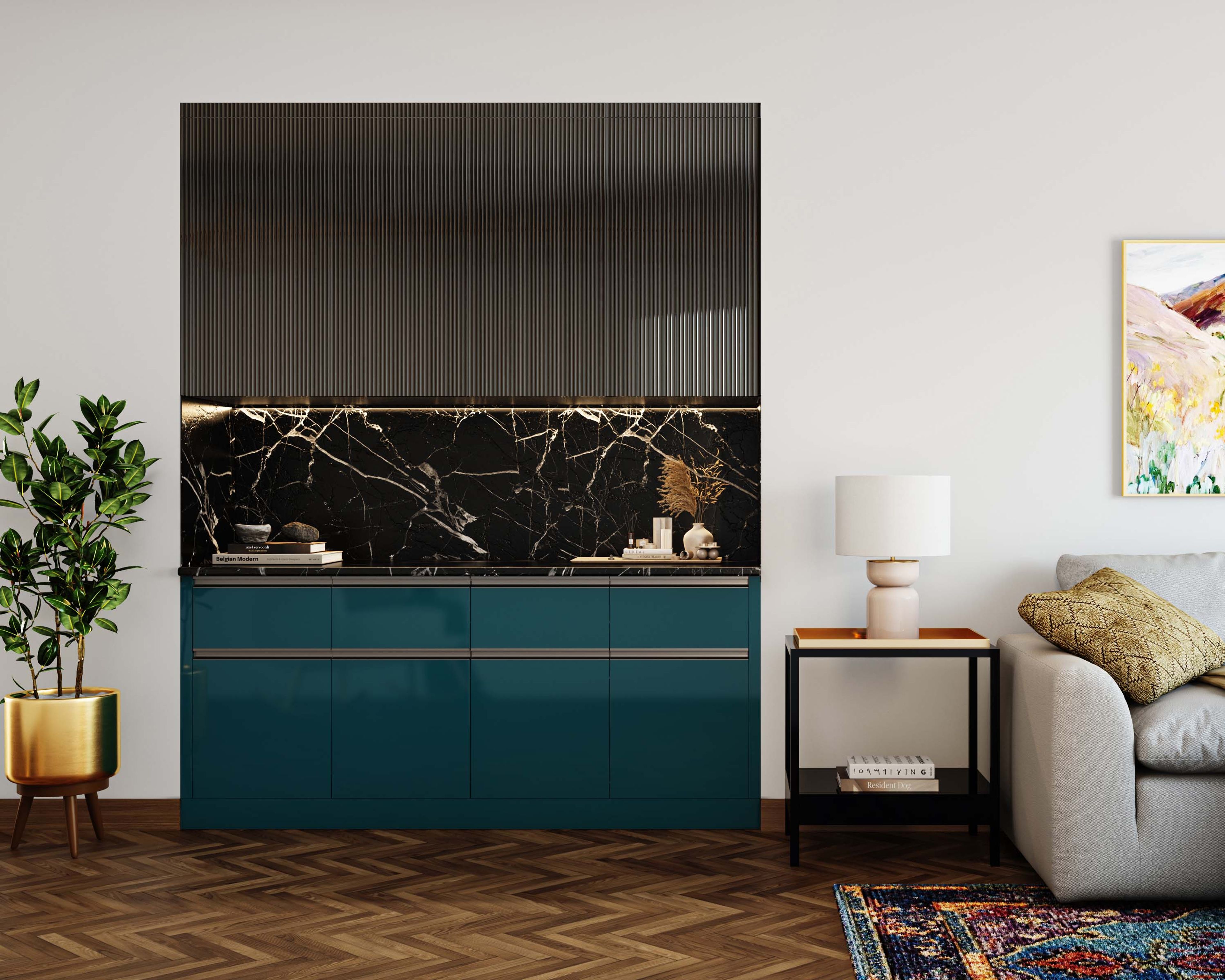 Modern Shore Crockery Unit Design with High-Gloss Finish and Hidden Storage