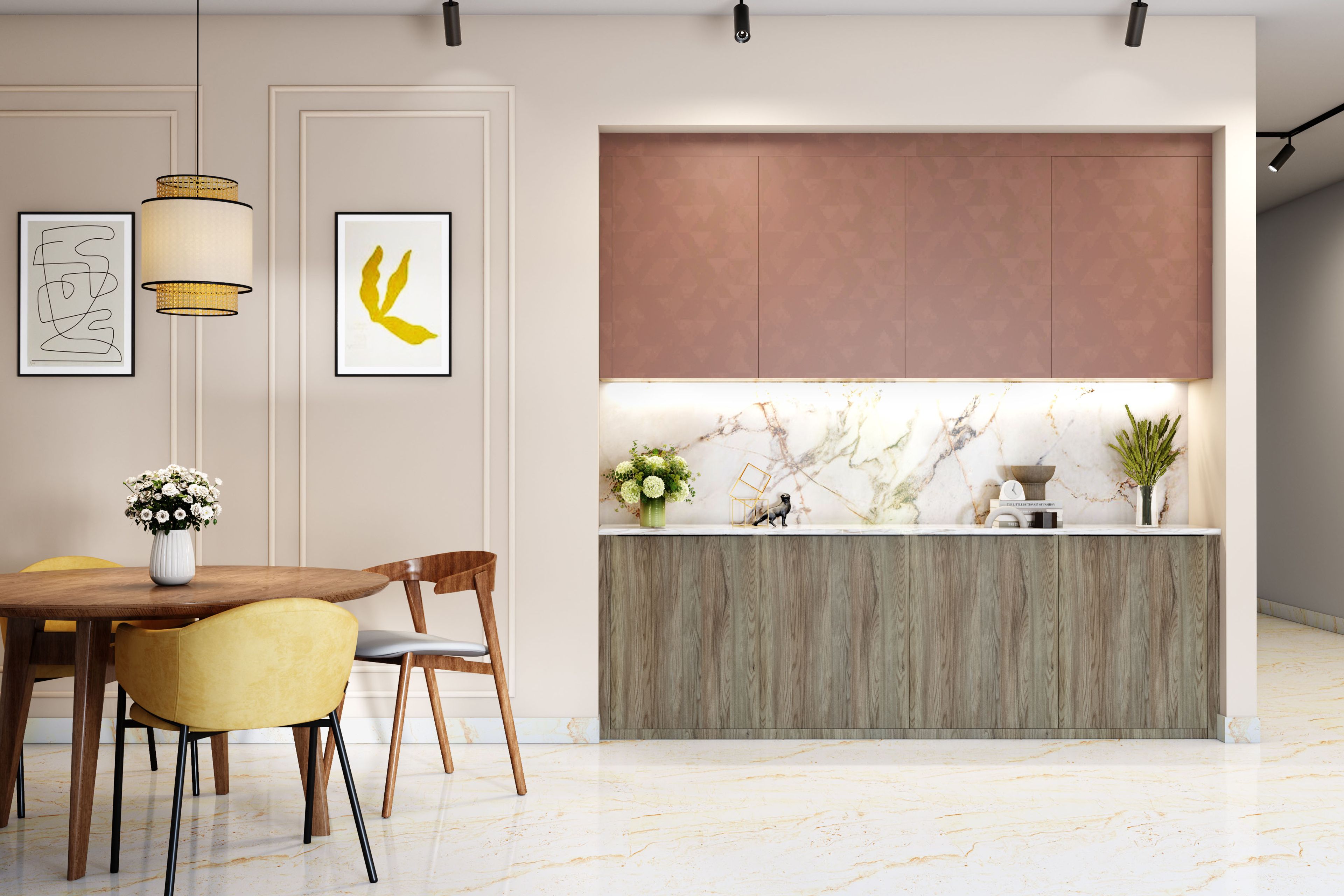 Modern Carruba and Rose Crockery Unit Design with Suede Laminate Finish