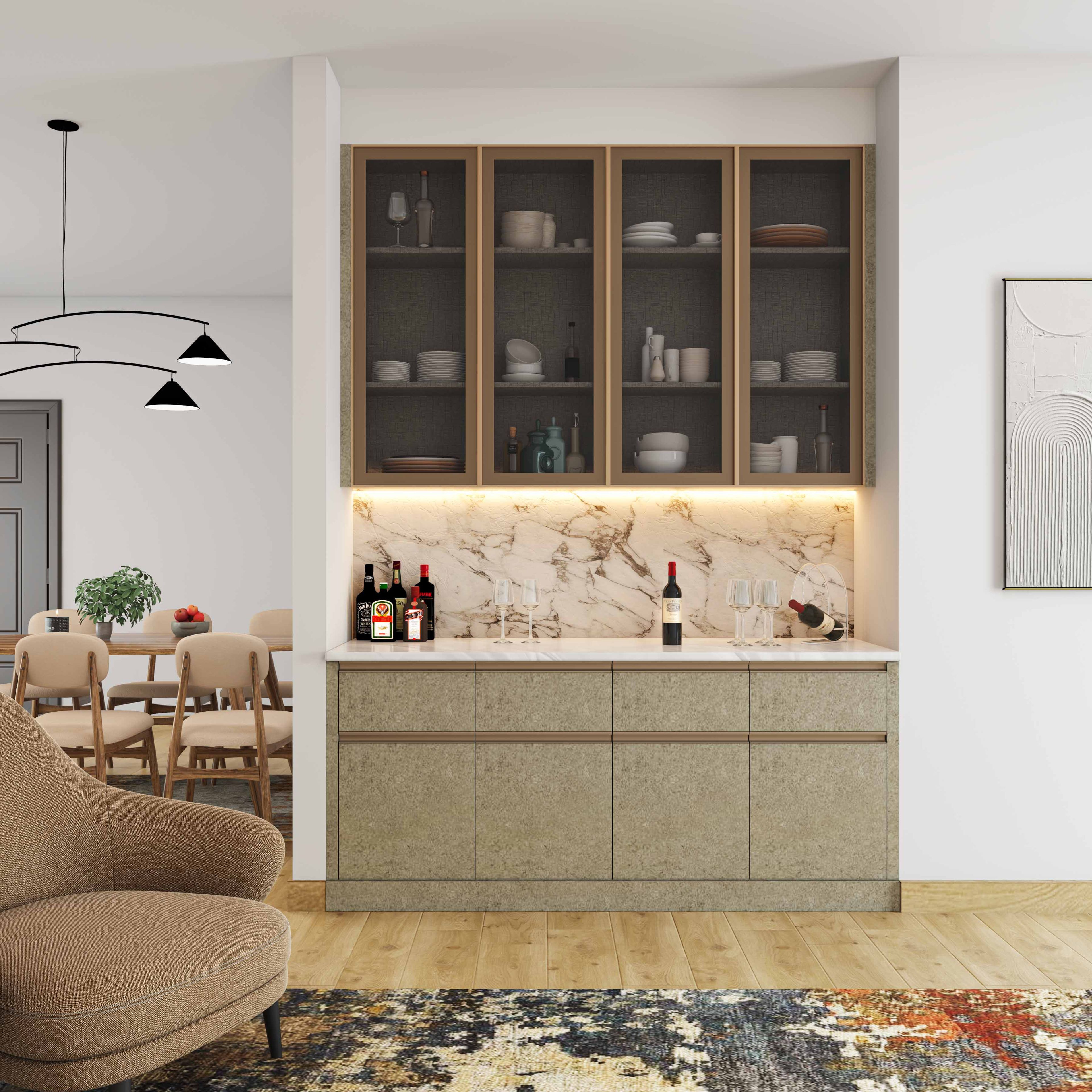 Modern Crockery Unit Design with Textured Laminate and Glass-Fronted Shelves