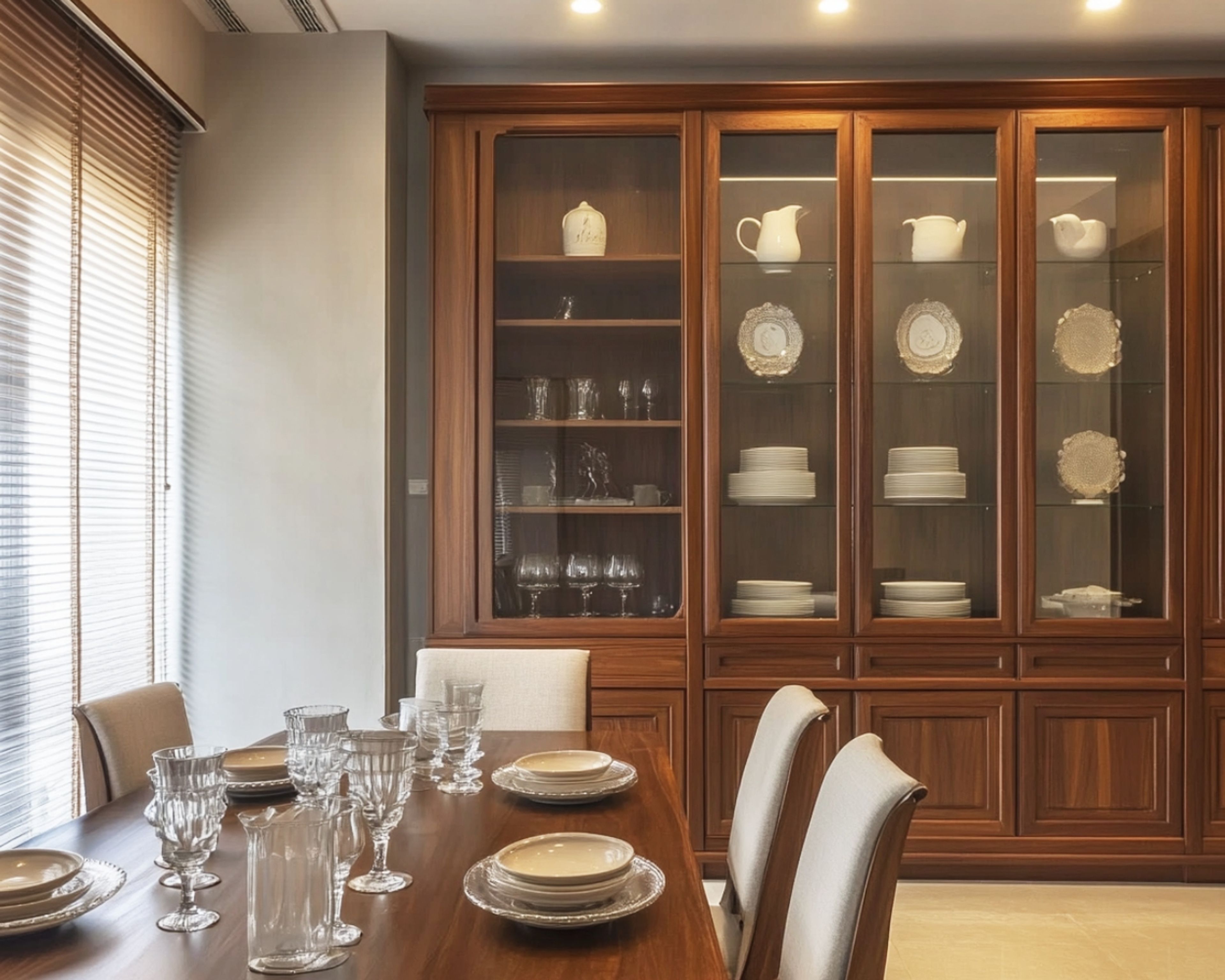 Traditional Walnut Crockery Unit Design with Tall Storage and Drawers