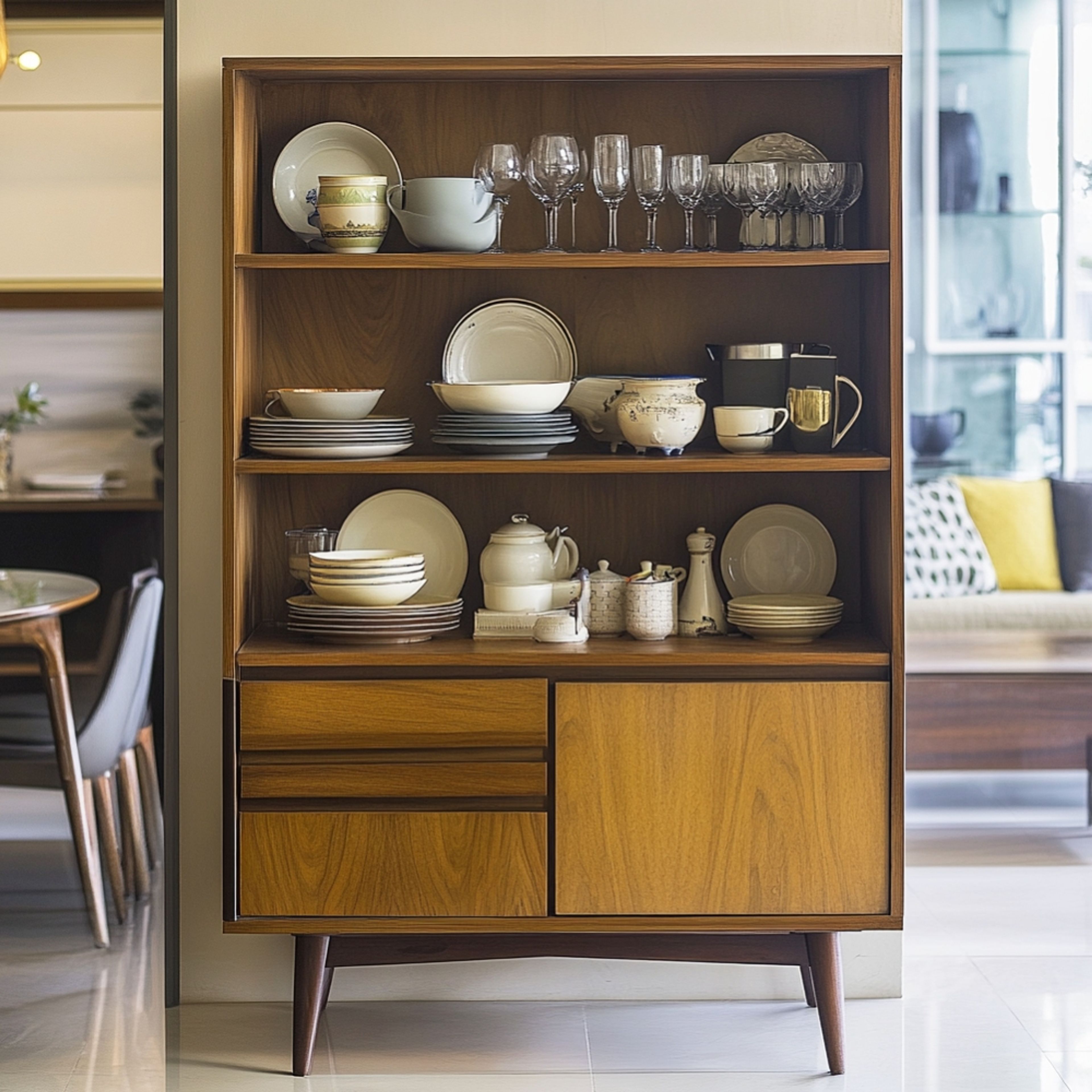 Mid-Century Modern Crockery Unit Design with Drawers and Open Racks