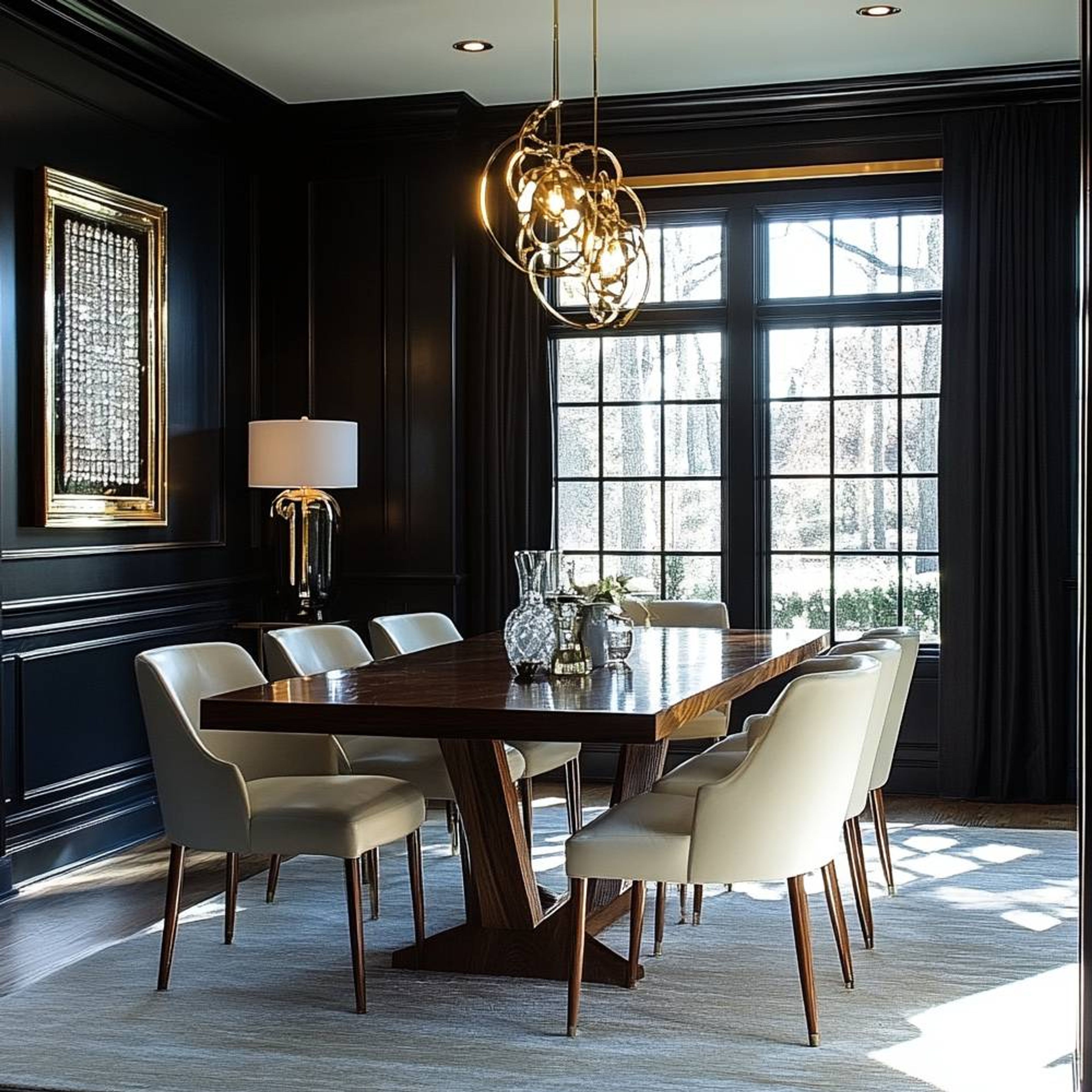 Classic Dining Room Design with Solid Wood Table and Leather Chairs