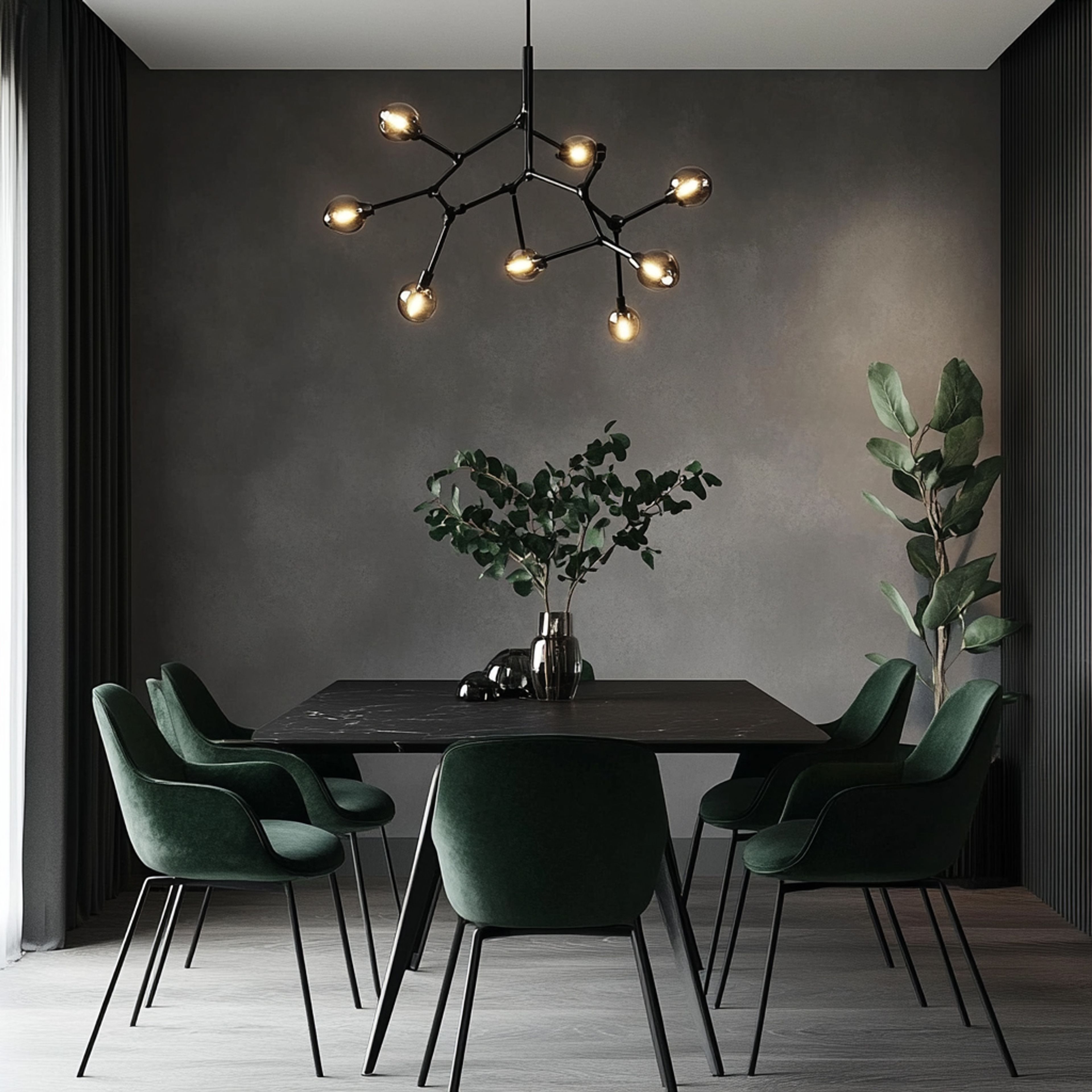 Modern Black Marble Dining Room Design with Green Velvet Chairs