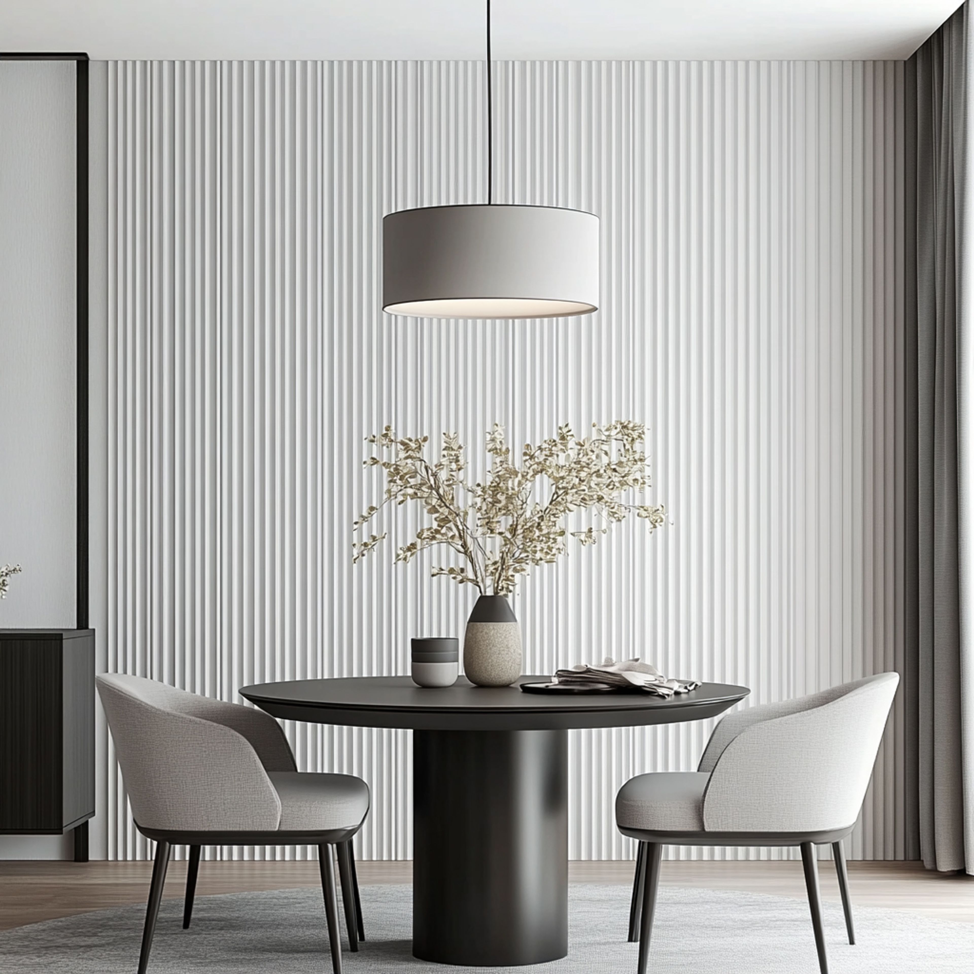 Minimalist Dining Room Design with Black Pedestal Table and Light Gray Chairs