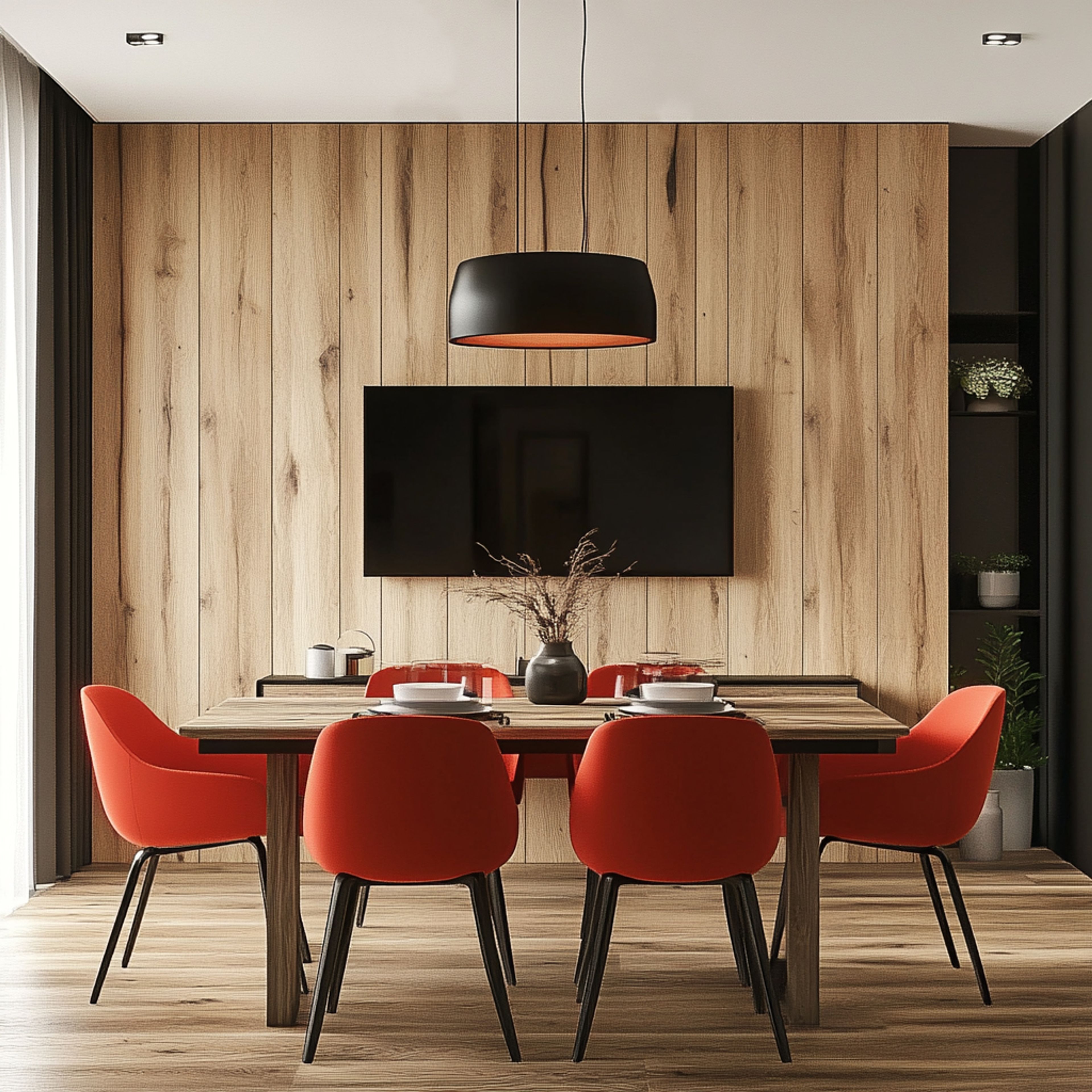 Contemporary Dining Room Design with Wooden Table and Orange Chairs