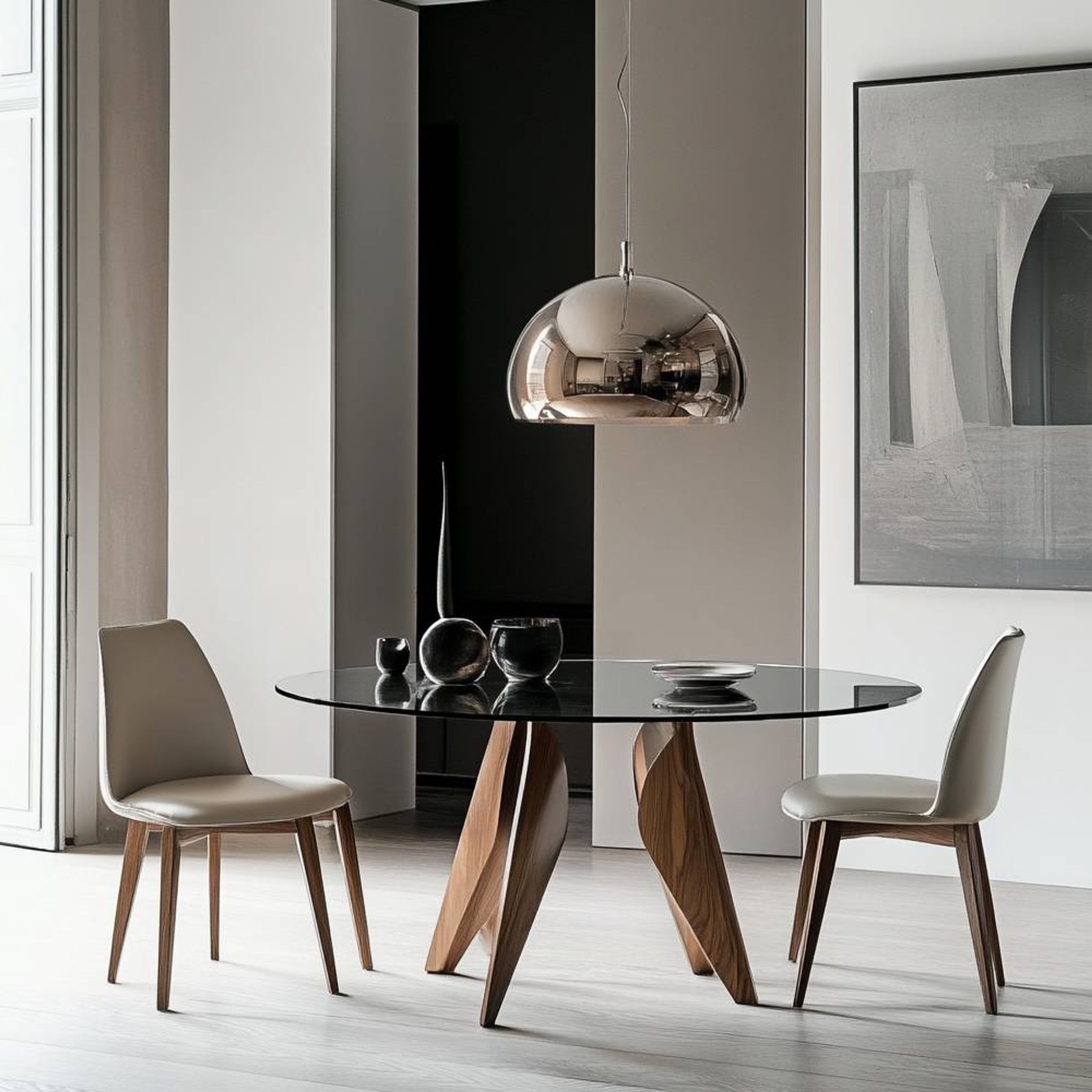 Dining Room Design with Round Glass Table and Leather Chairs
