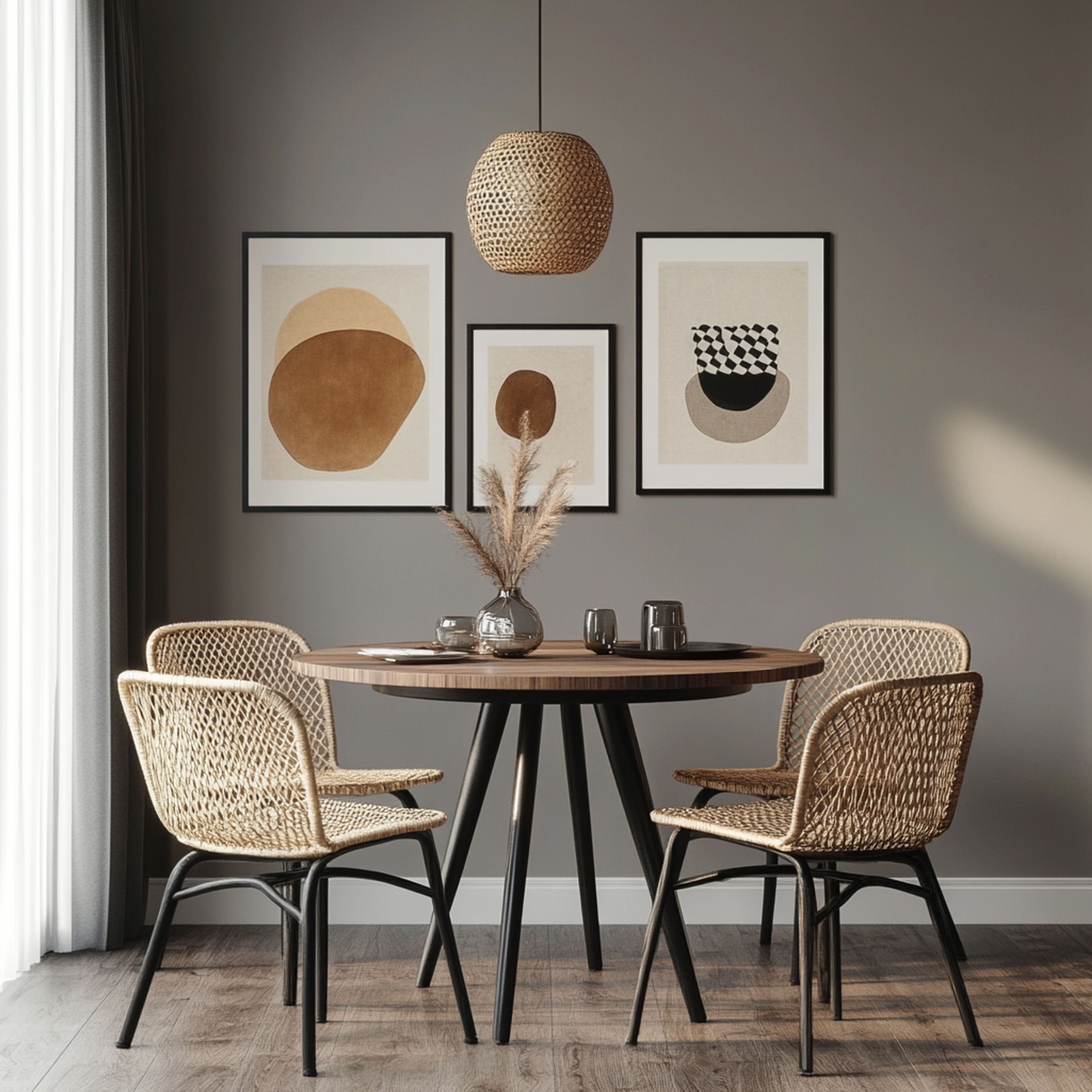 4-Seater Dining Room Design with Wooden Table and Rattan Chairs