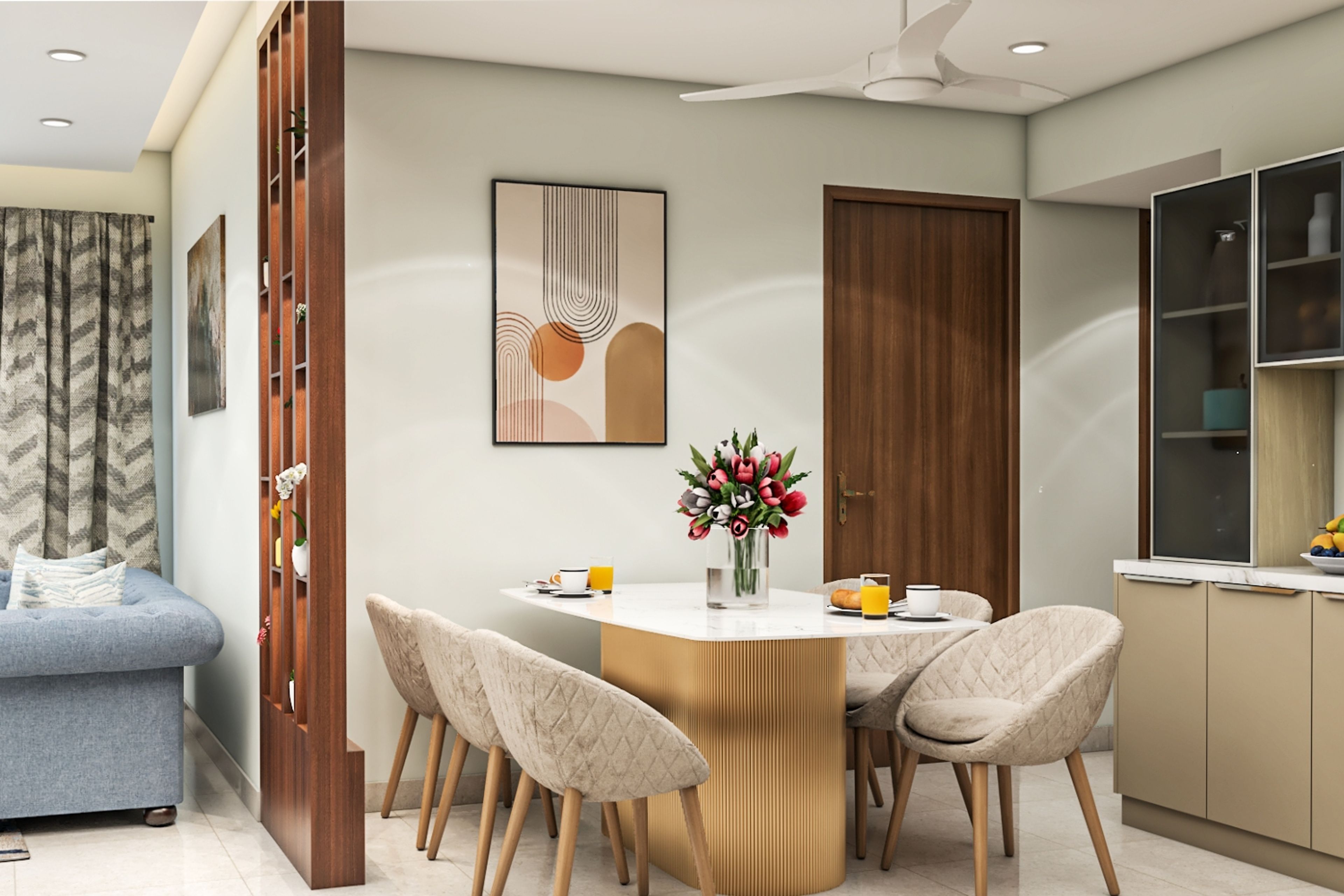 Modern Dining Room Design with Marble Table and Quilted Chairs